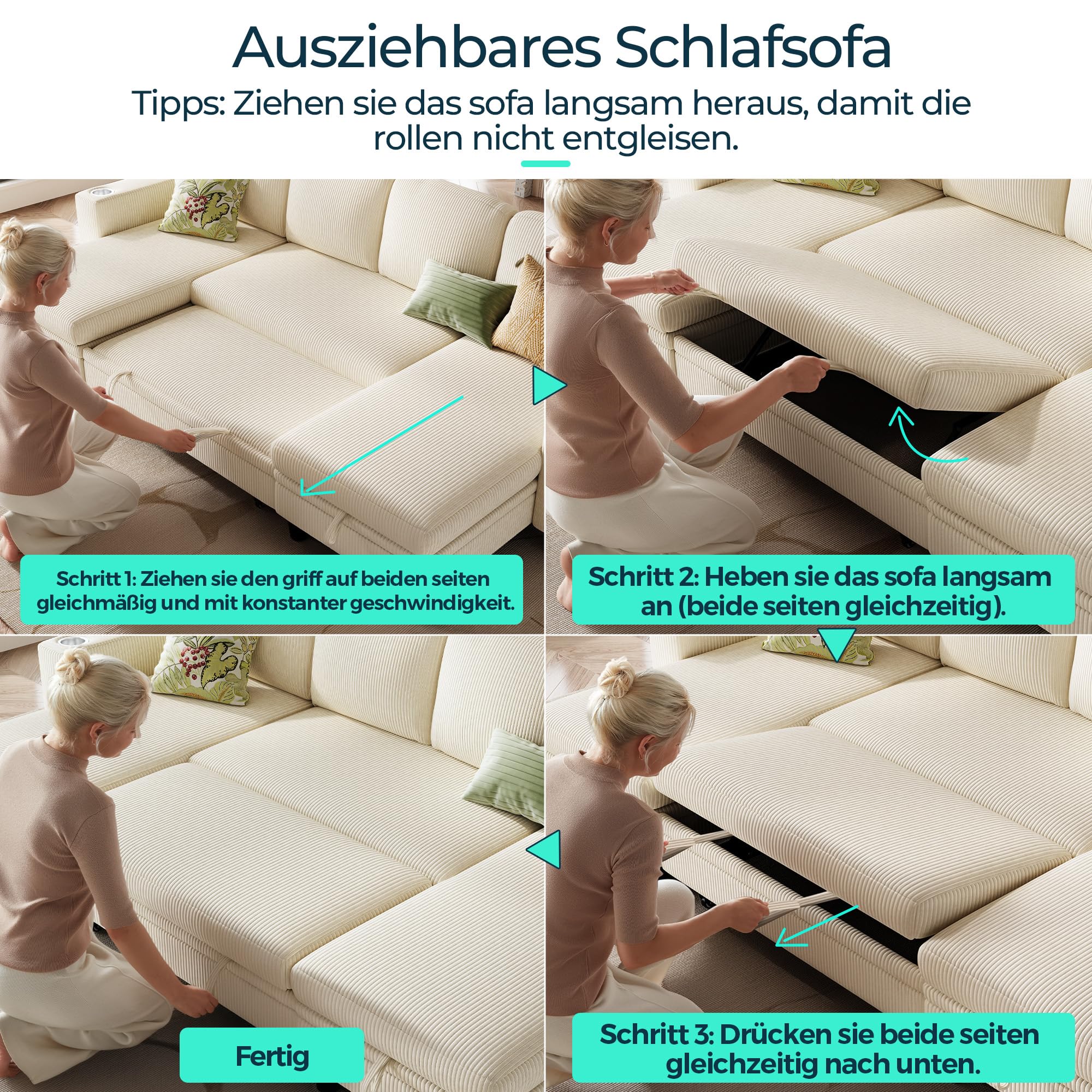 LINSY HOME Schlafsofa Ausziehbarer Couch, Ecksofa mit Schlaffunktion, Stauraum, Cord-Bezug L-Form Modulare Sofas mit Chaiselongue für Wohnzimmer und Wohnungen (Beige, L-Form)