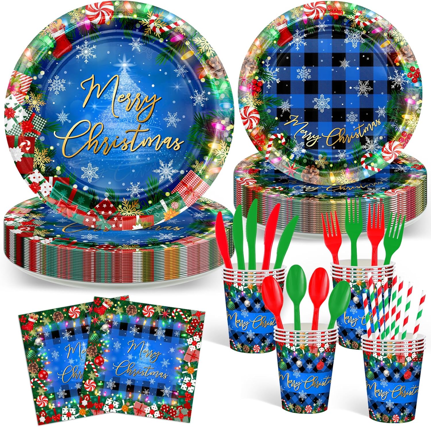 Avezano 192 Pcs Christmas Paper Plates and Napkins Merry Chirstmas Party Tableware Decorations Plaid Christmas Tree Disposable Dinnerware Set Serve 24 (Red)
