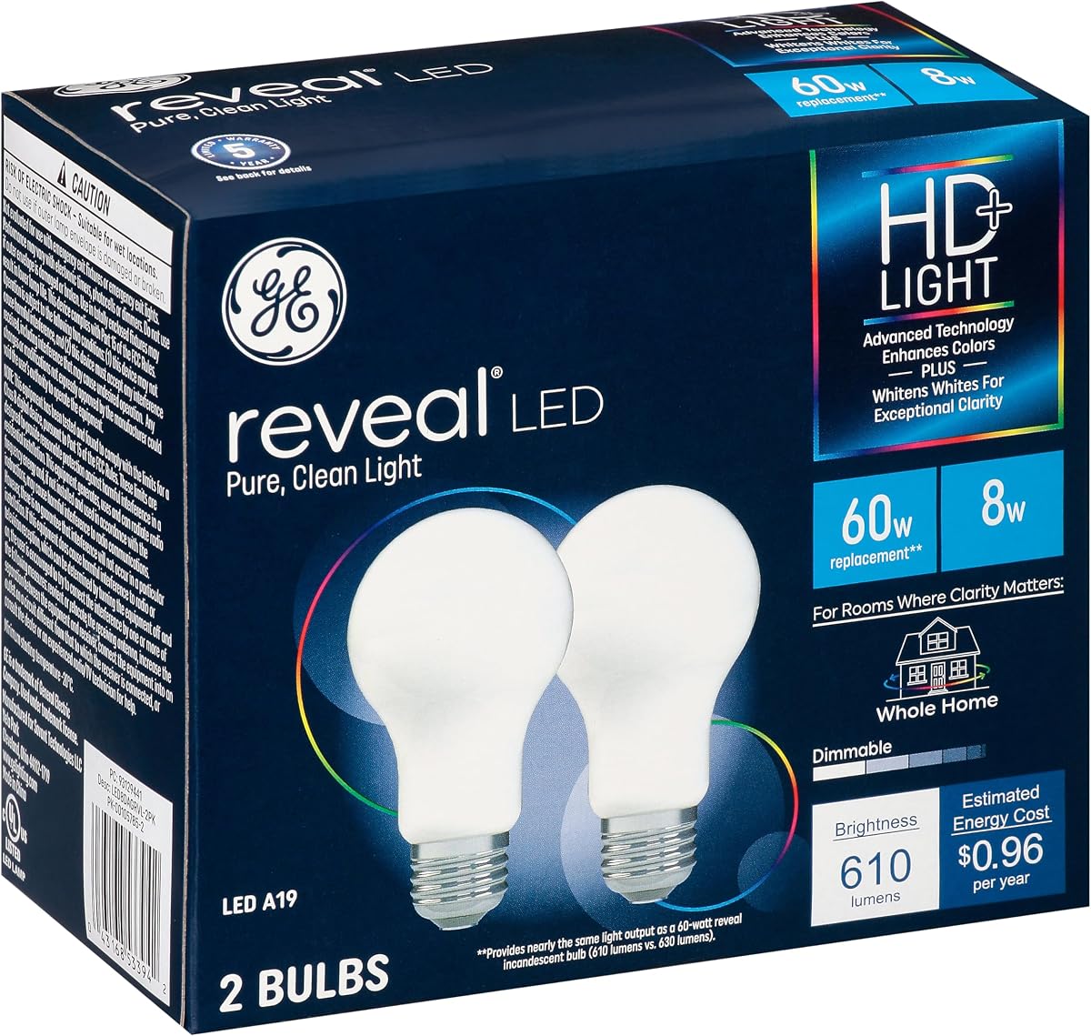 GE Lighting Reveal LED Light Bulbs, 9 Watt (60 Watt Equivalent) HD+ Light, Standard Bulb Shape, Medium Base, Dimmable (2 Pack)