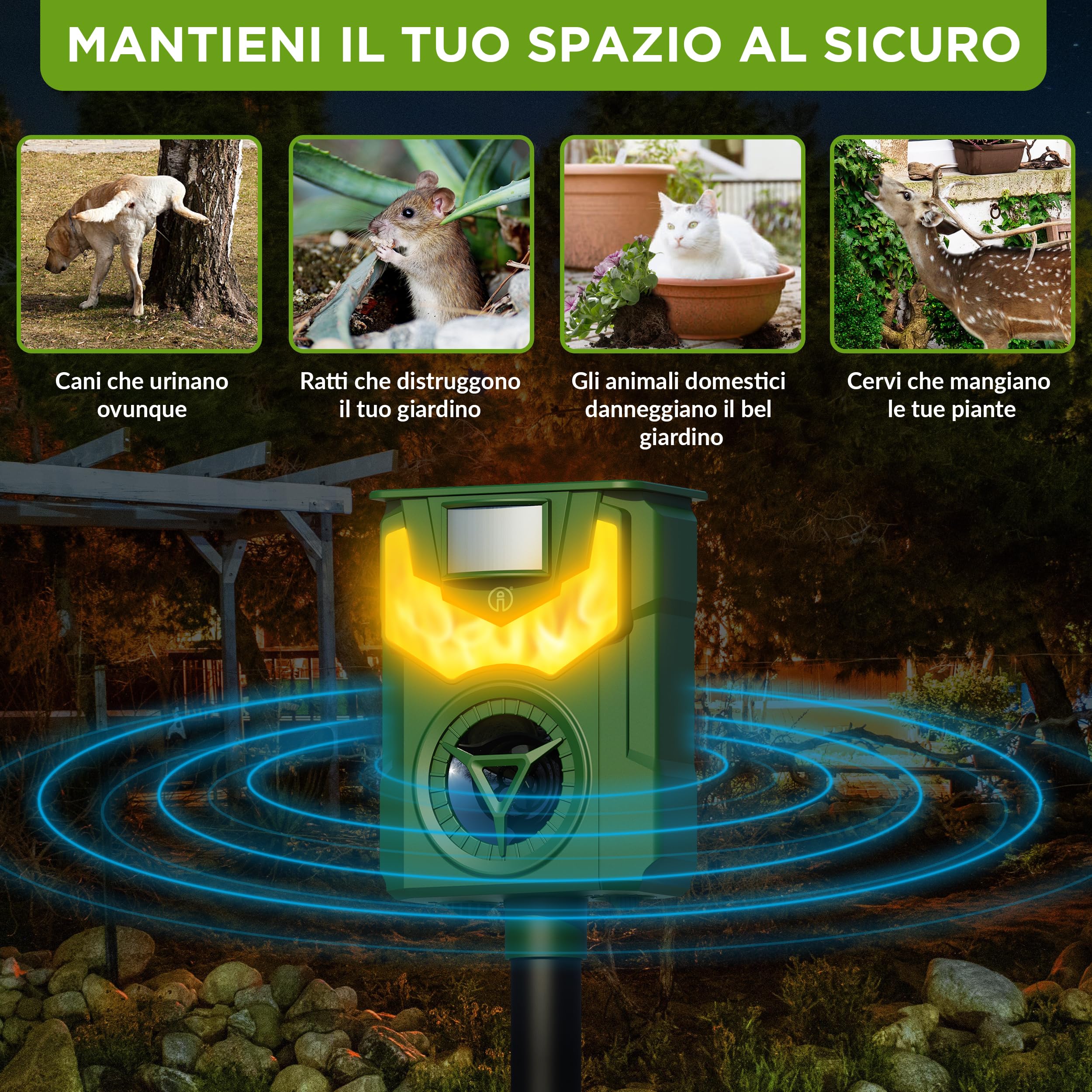 ISOTRONIC Repellente solare per animali selvatici: procioni, cervi, volpi e cinghiali – Repellente a frequenza + luce a fiamma – Efficace deterrente per animali (3 pezzi)