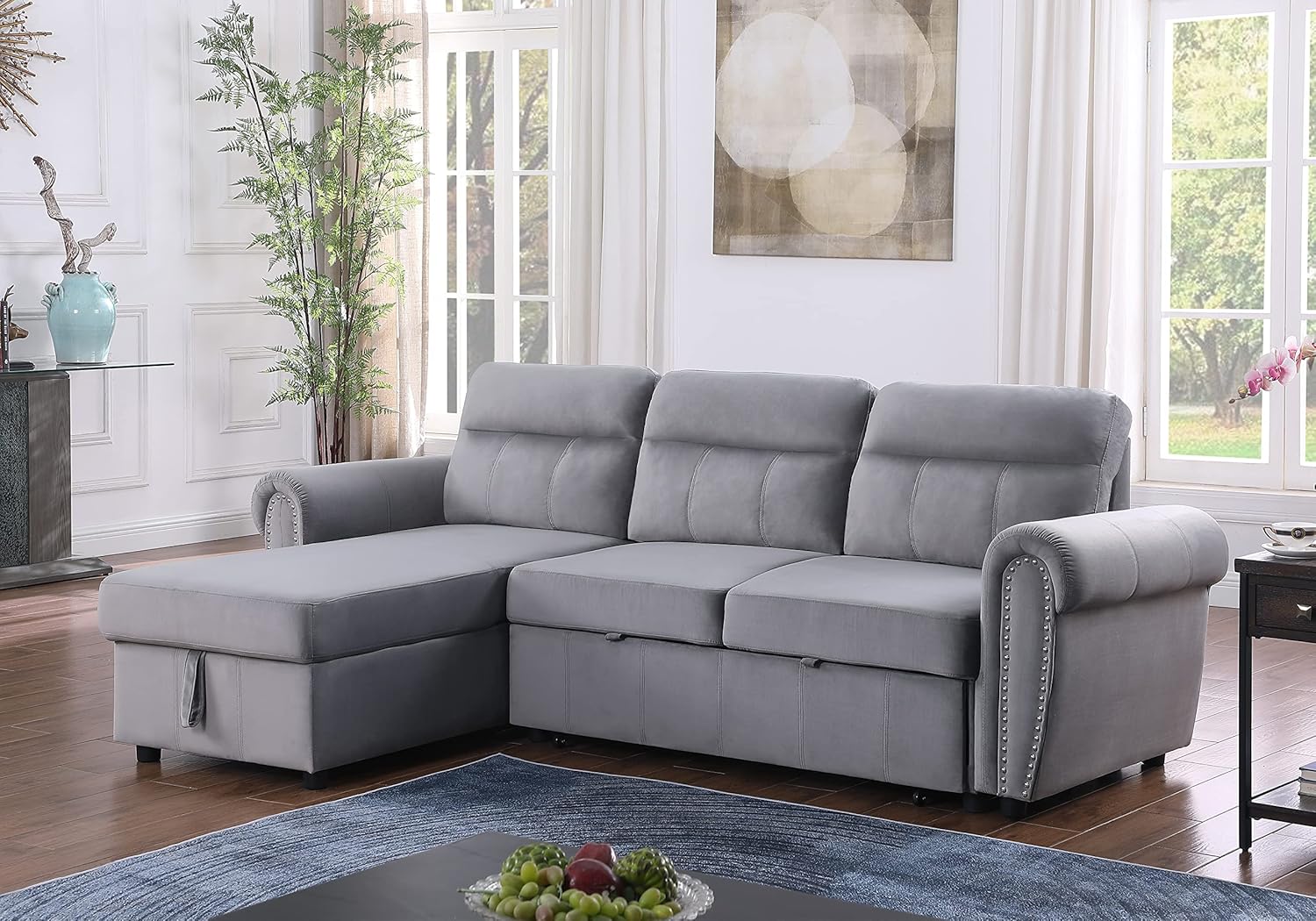 Lilola Home Ashton Gray Velvet Fabric Reversible Sleeper Sectional Sofa Chaise