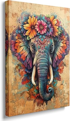 Cuadro abstracto de graffiti bohemio enmarcado de elefante africano retro, decoración de pared, regalo colorido mandala floral, pintura de animales