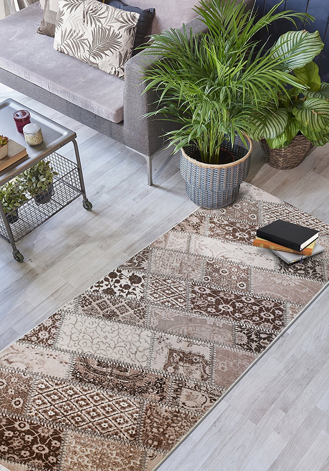 Custom Size Hallway Runner Rug, Slip Resistant, 31 inch Wide X Your Choice of Length, Patchwork, Brown, 31 inch X 13 feet