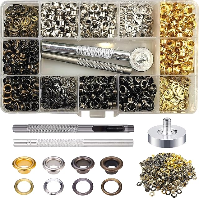 520 Sets Eyelet Punch Kit, 6mm 4 Colors Eyelet Grommet Kit, Brass Metal Eyelets with 3Pcs Setting Tools for Canvas, Tarpaulin, Leather, Tent, Awning, DIY Craft Fabric