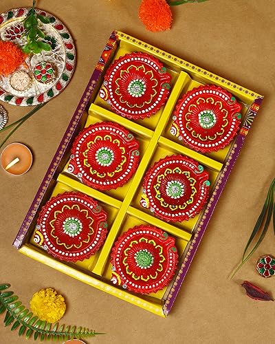 Terracoaat - Juego de 6 piezas de arcilla multicolor de alta calidad para Diwali Navratri, decoración de aceite, lámpara de aceite, diwali, arcilla