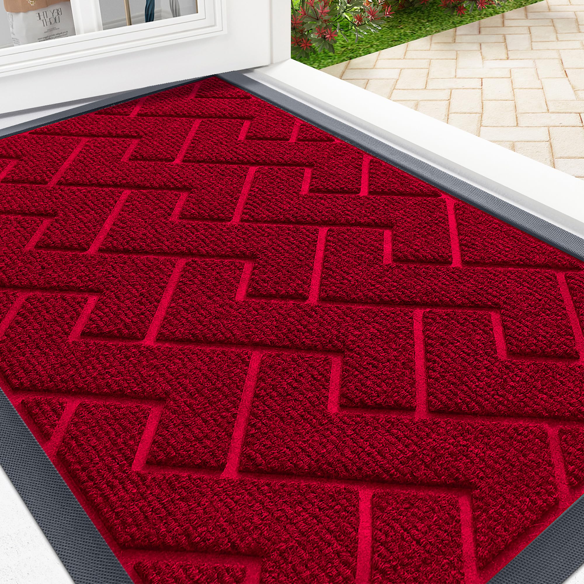 OLANLY Front Door Mat Indoor Outdoor Entrance, Waterproof All-Season, All-Weather Doormat, Sturdy Natural Rubber, Low Profile, Easy Clean Patio Porch