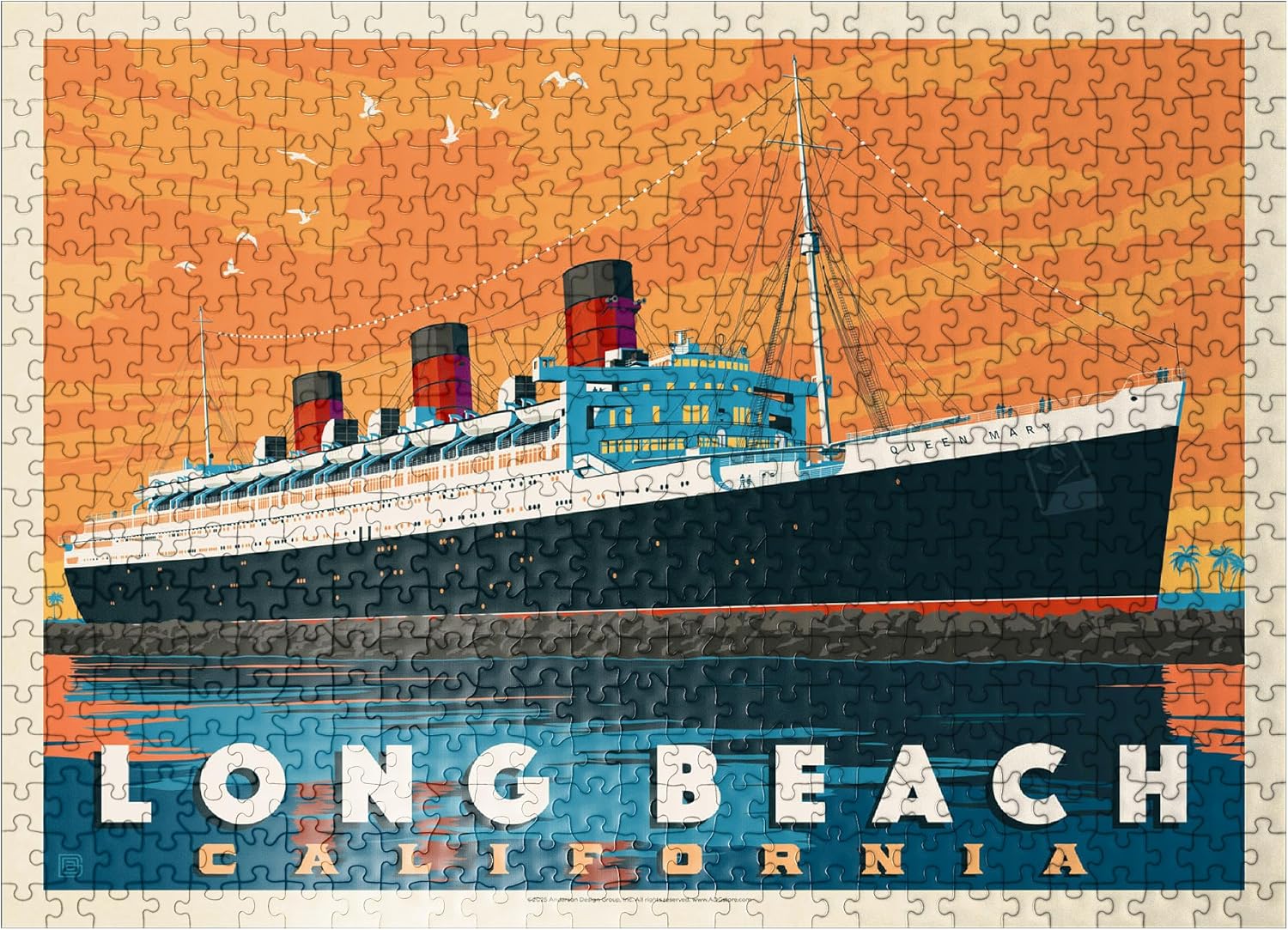 MyPuzzle Long Beach, CA: Queen Mary, Vintage Poster - Premium 500 Piece Jigsaw Puzzle for Adults