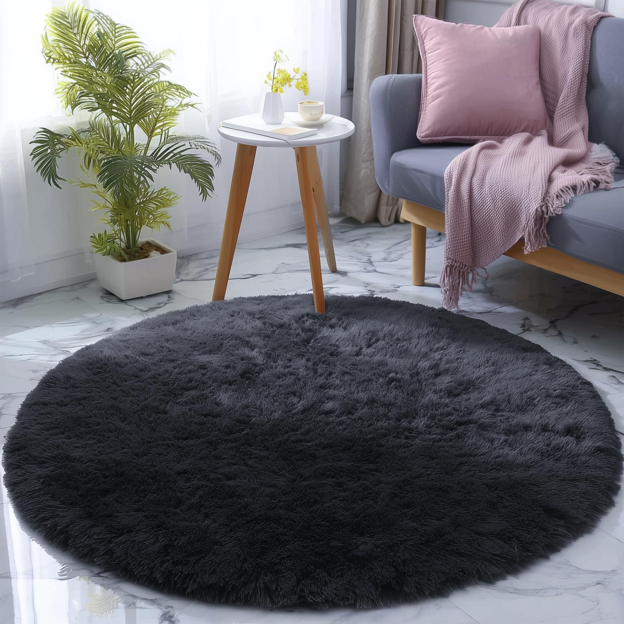 PAGISOFE 4x4 Area Rug Round Black Rug Circle Rugs for Kids Bedroom Fluffy Carpets and Shaggy Rugs Small Teepee Furry Mat Comfy Reading Rug Circular Rug 4x4 Rugs for Girls Boys Room