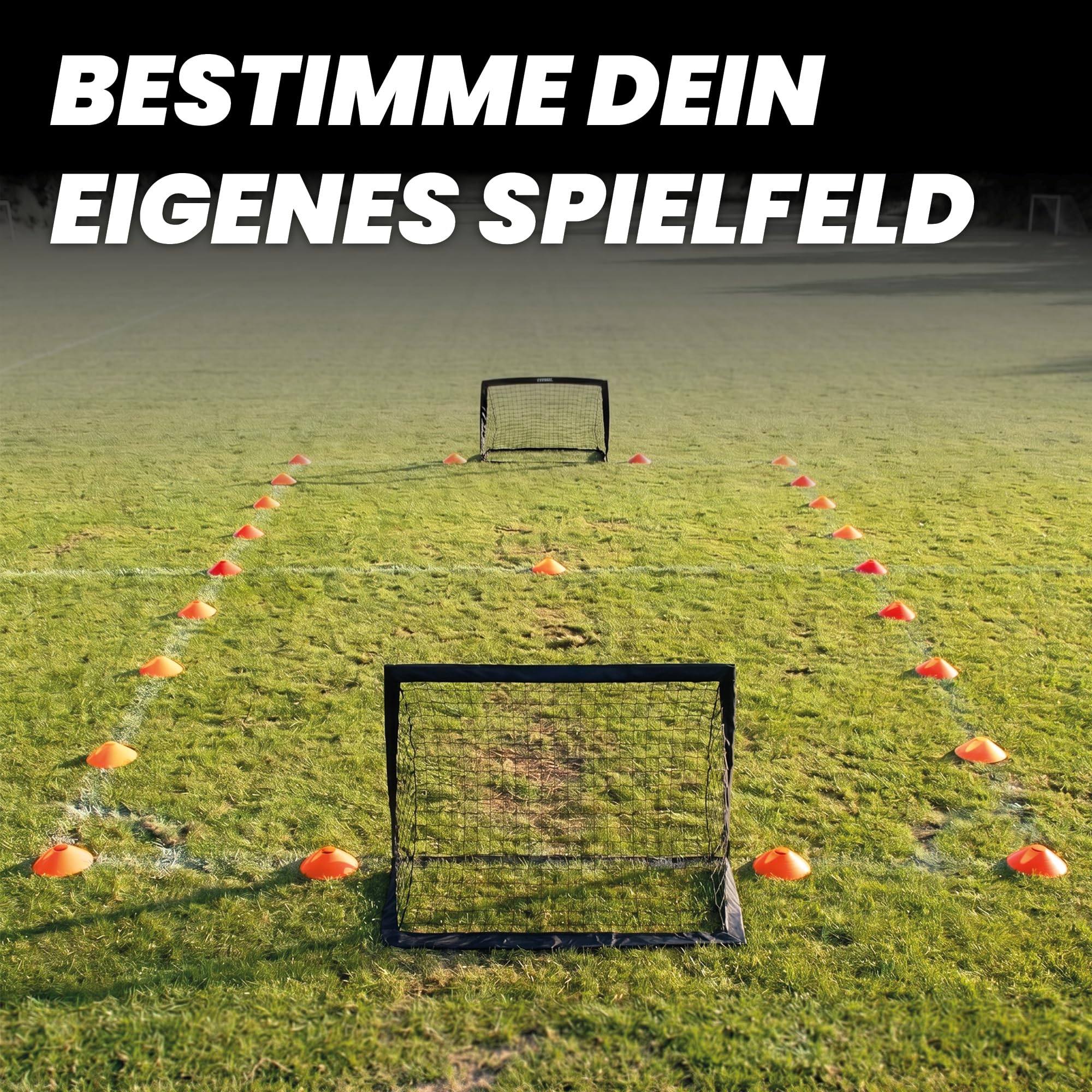 KYTO Fußball Trainingsset für Kinder, 2 Tore, 50 Markierungshütchen, 6 Leibchen in Größe M, Mini Ball, Pumpe, Tasche, Erdanker, Fußball Zubehör für Garten, Park und Training