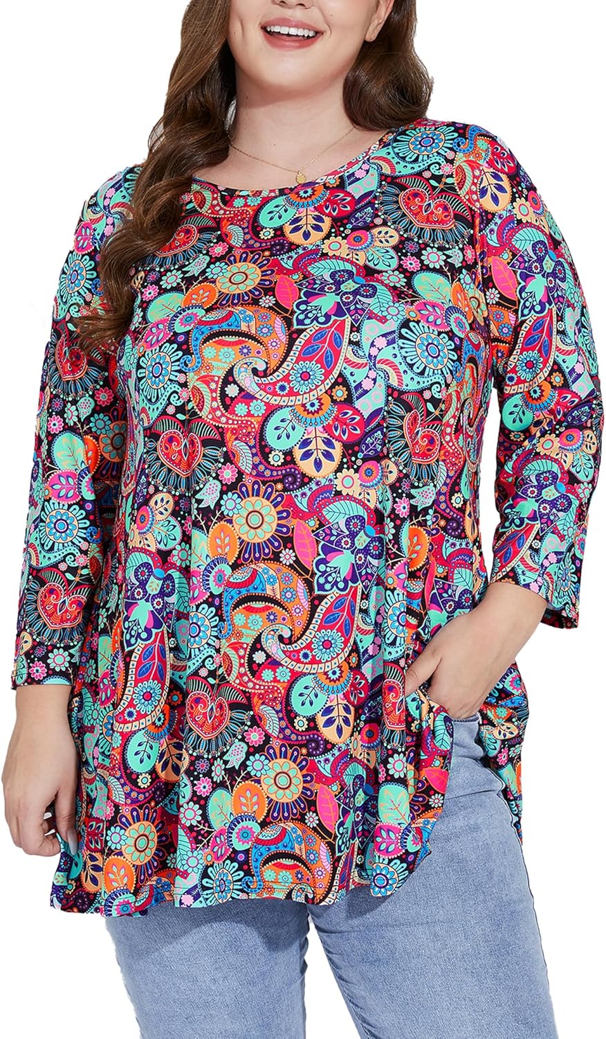 Plus Size Tunic Tops for Women 3/4 Sleeve Loose Fit Swing Tunics Dressy Casual Floral Top to Wear with Leggings