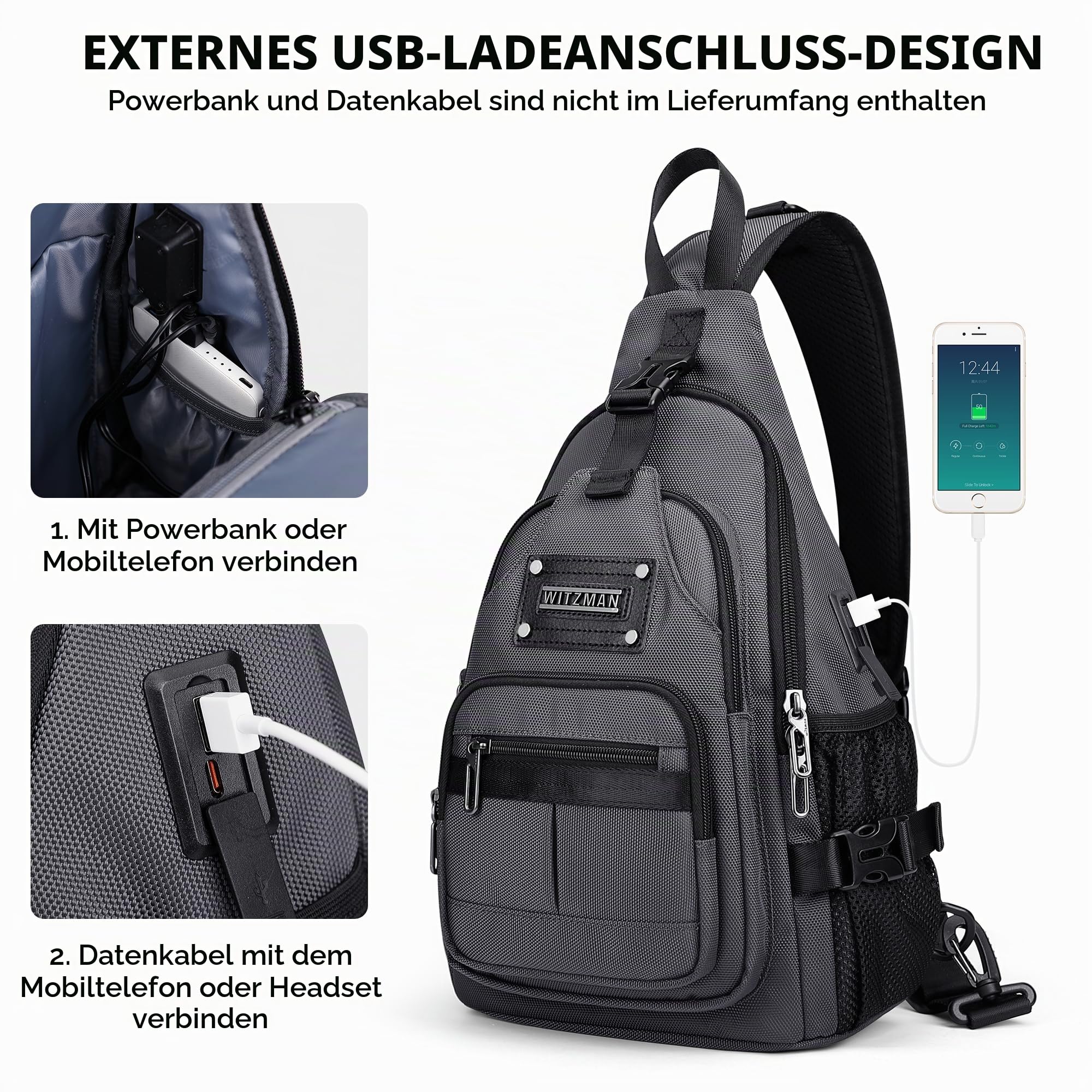 WITZMAN Umhängetasche für Herren 19L Reise Sling Bag mit USB-Ladeport