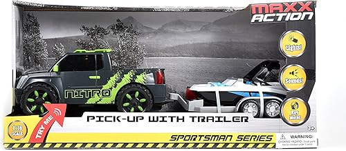 Miniatura 7 de Sunny Days Entertainment Camión de recogida con remolque, luces y sonidos, vehículo de juguete con motor de fricción (recibe el color del barco o de