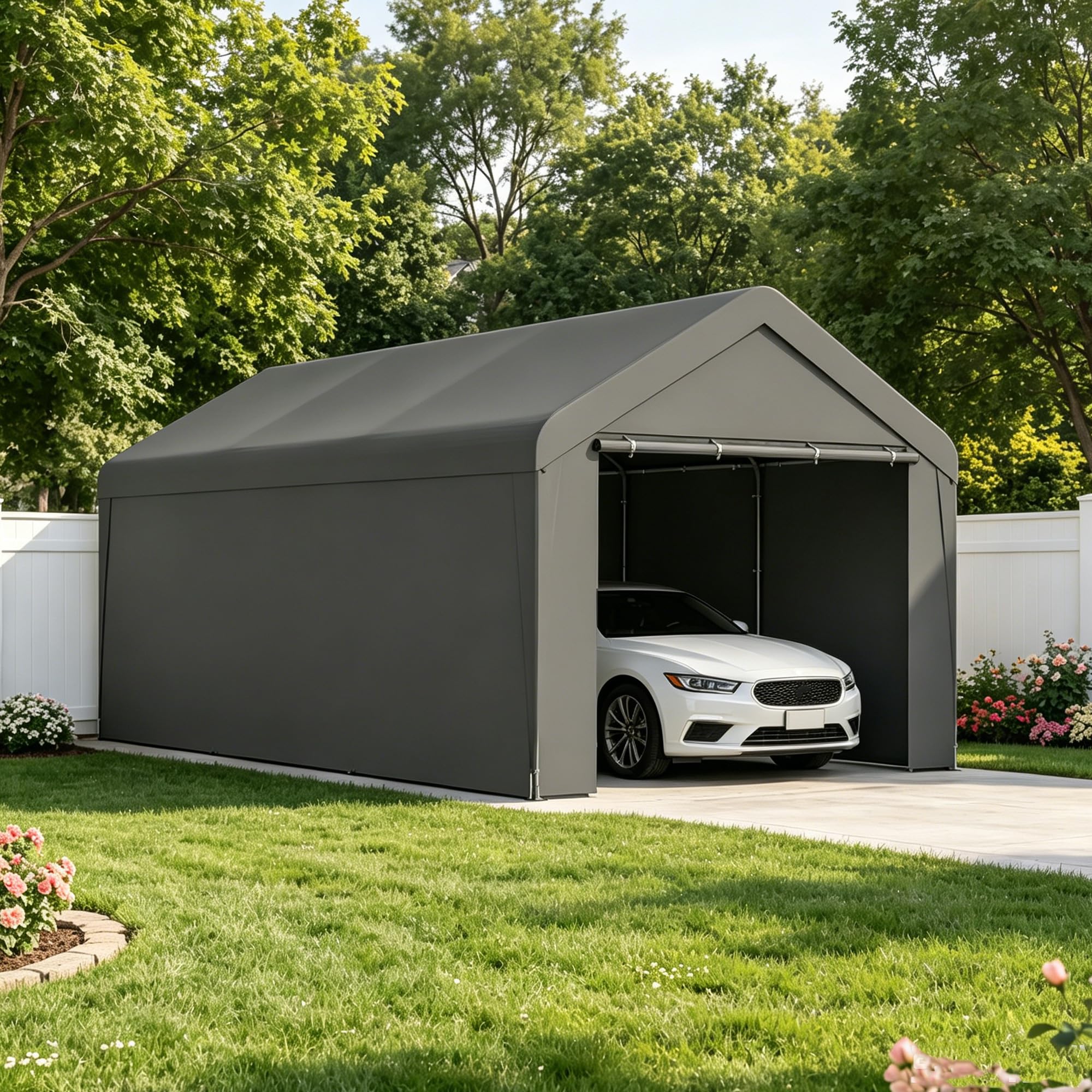 Tettoia per auto coperta, 3 x 50 m, con pareti laterali e porte rimovibili (grigio)