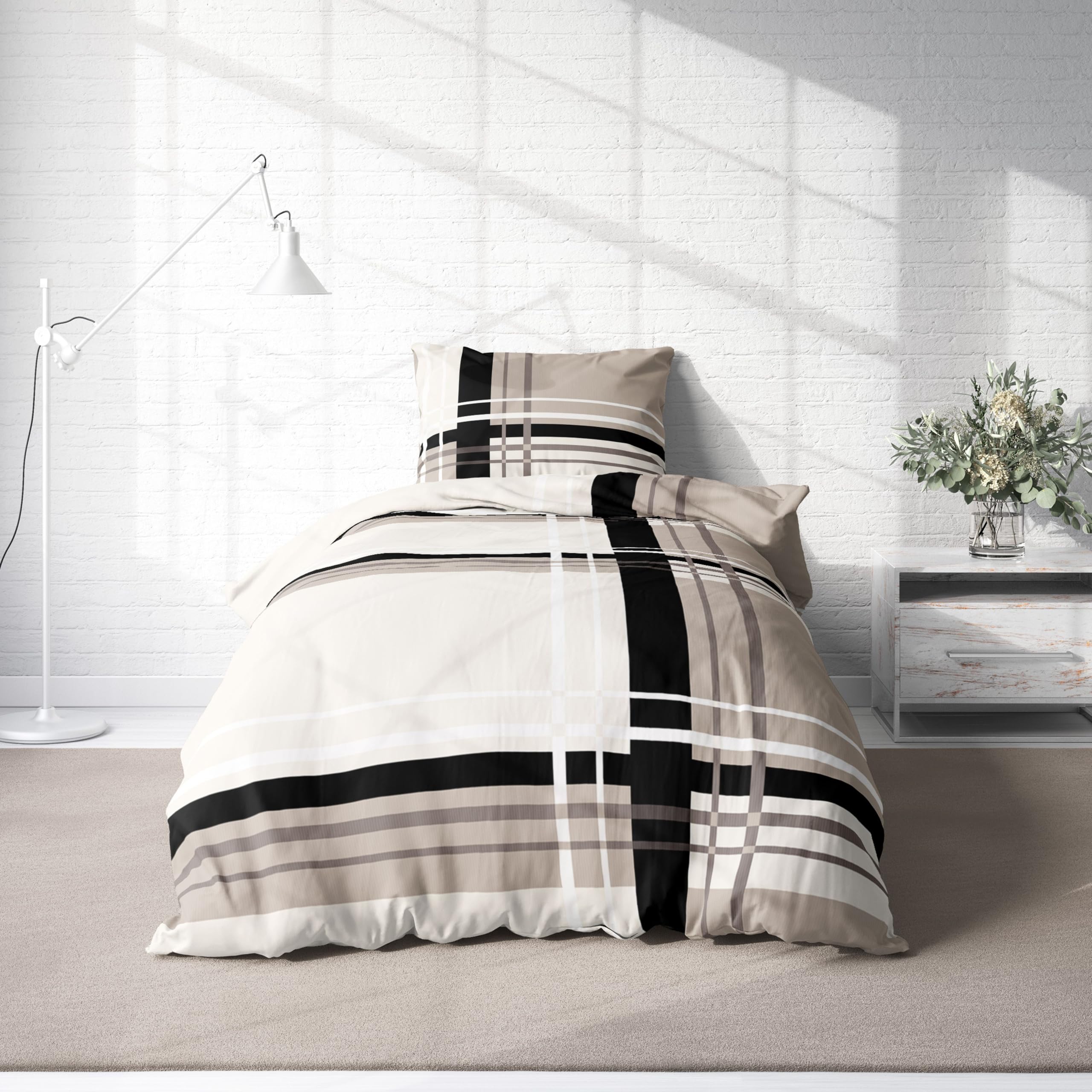 one-home 4 teilig Winter Biber Bettwäsche 135x200 cm gestreift beige kuschelig Baumwolle