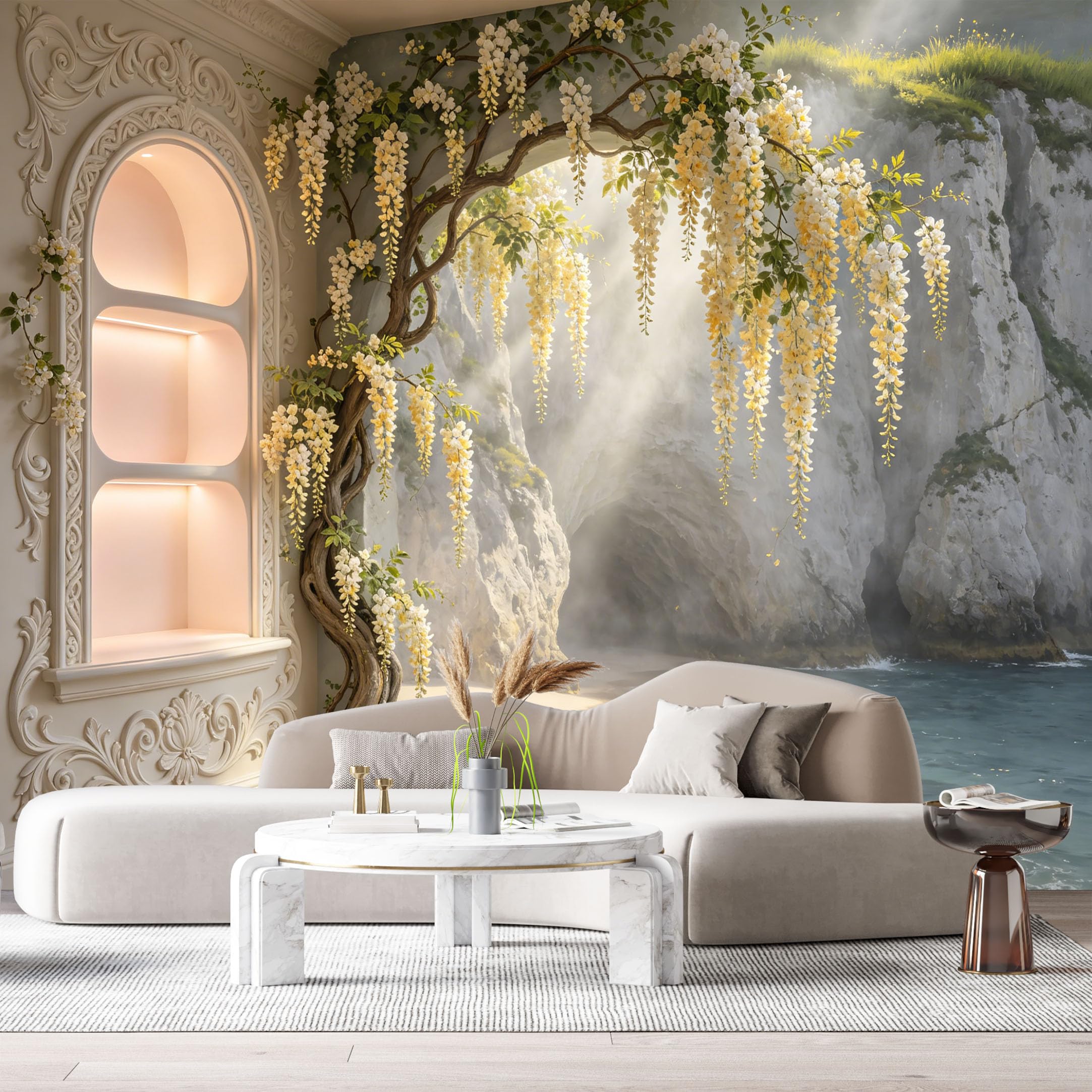 Custom Size Wall Murals Wisteria Coastal Landscape Oil Painting 3D Trompe L'Oeil SelfAdhesiveWall Fabric Removable Wallpaper Wall Decor for Living Room Bedroom Bathroom