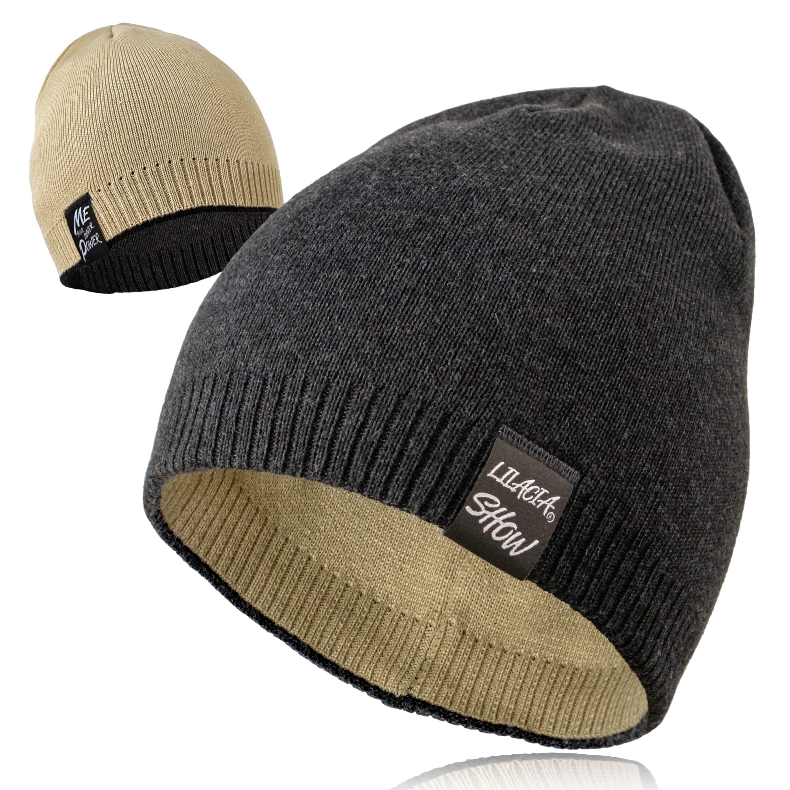 LilaciaReversible Beanie Contrast Style Watch Cap Acrylic Warm Knit Hats Winter Daily Ski Cap for Cold Weather