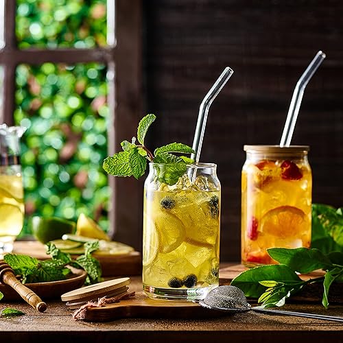 Miniatura 2 de Juego de 4 vasos en forma de lata con tapas y pajitas de bambú – Vasos de agua transparentes de 16 onzas para café helado, té, cócteles, whisky,