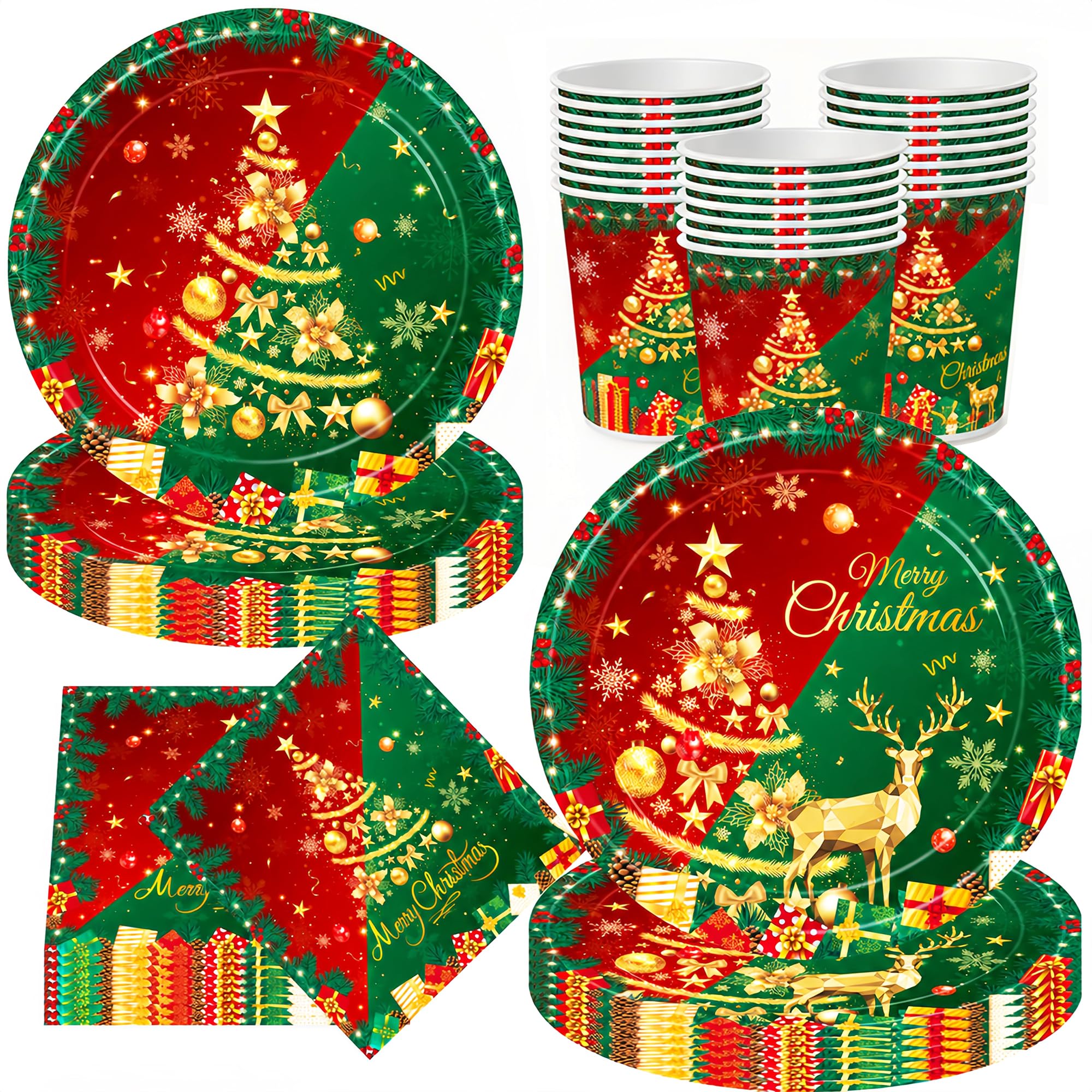 80Pcs Christmas Paper Plates and Napkins Cups Christmas Party Tableware Xmas Disposable Party Supplies Packs for Xmas Decorations Serves 20 Guests 9" and 7'' Paper Plates Christmas Napkins 33x33cm