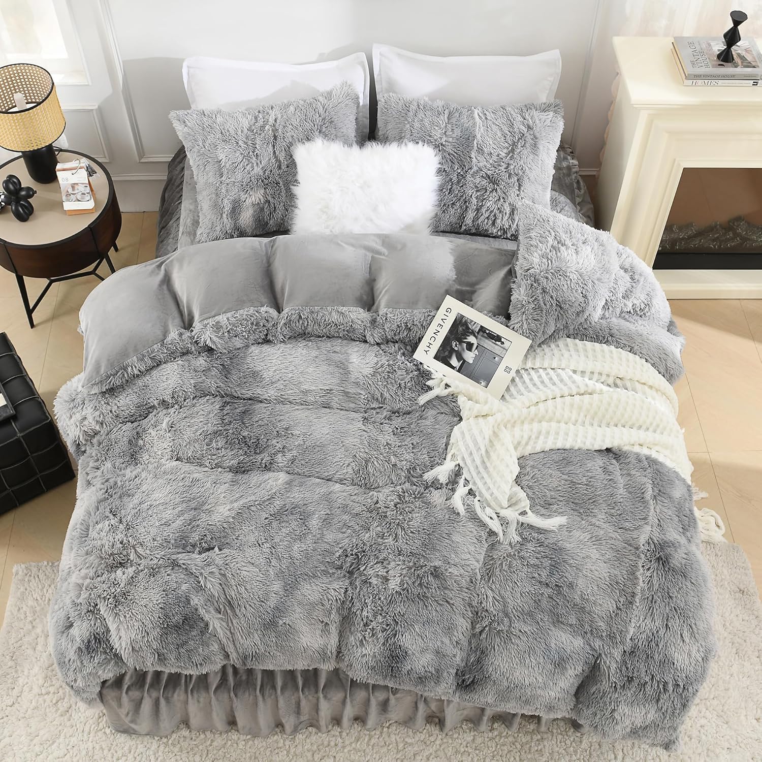 Litanika Tie-Dyed Grey White Fluffy Comforter Queen Size, Luxury Plush Faux Fur Bedding, Ultra Soft Velvet Fuzzy Bed Set 3 Pieces(1 Shaggy Comforter, 2 Pillowcases)