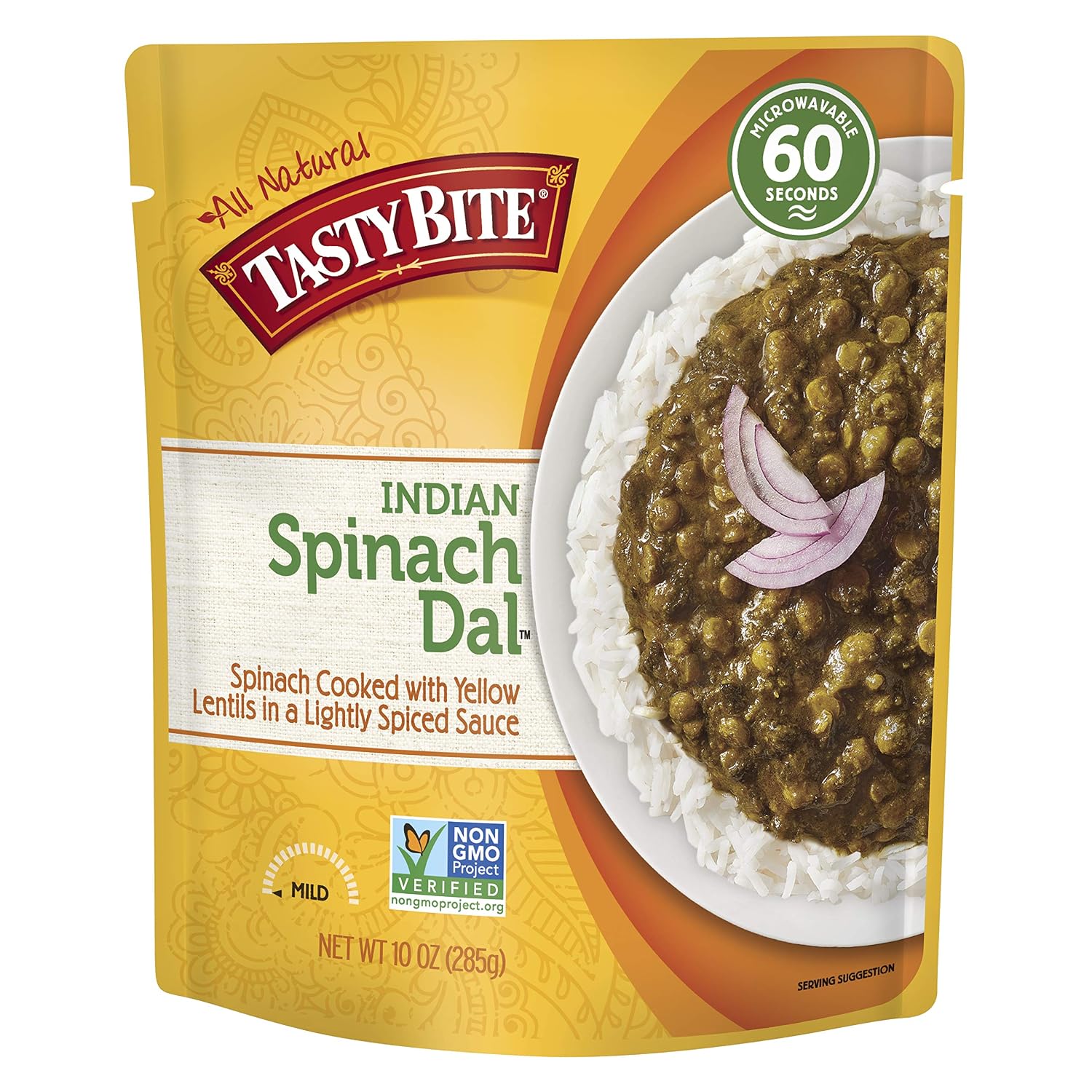 Tasty Bite Indian Entree Spinach Dal 10 Ounce, Fully Cooked Indian Entrée with Spinach Cooked with Yellow Lentils in a Lightly Spiced Sauce, Vegan, Gluten Free, Microwaveable, Ready to Eat