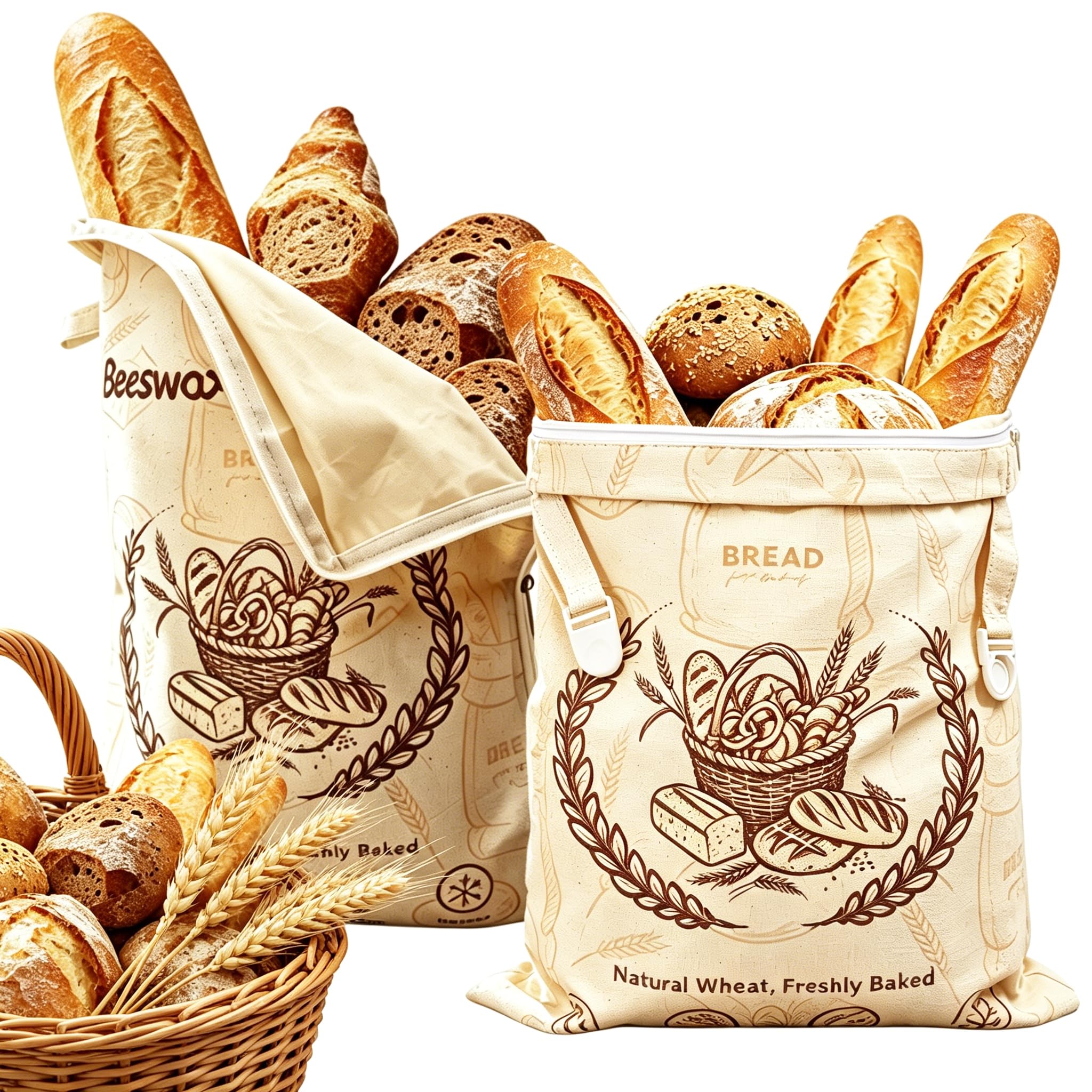 Linmagco 2 Pack Beeswax Bread Bags for Homemade Sourdough,Wide Zipper Access, 45cmร32cm Natural Beeswax-Lined Cotton Storage Bags Airtight Freshness Keeper for Homemade, Bakery Essentials
