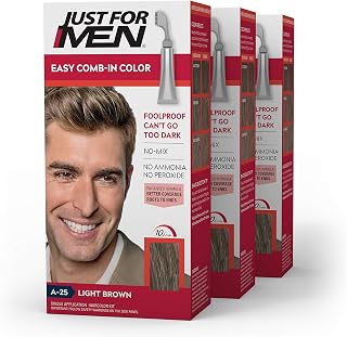 Just for Men Easy Comb-In Color (Formerly Autostop), Gray Hair Coloring for Men with Comb Applicator - Light Brown, A-25 - Pack of 3 (Packaging May Vary)