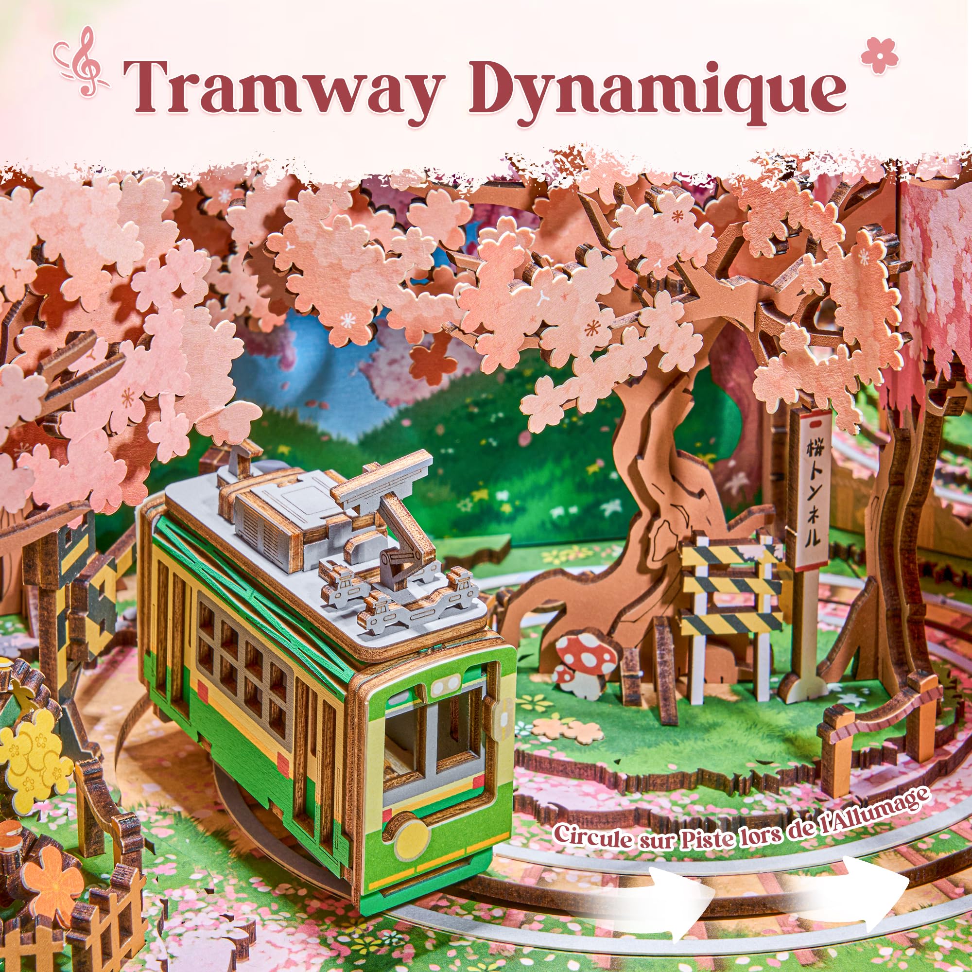 Rolife Puzzle 3D Anime Sakura Tram Décor TV, Maquette Bois 283 pièces – Maquette en Bois à Construire avec Tram Mobile & LED, Scène Fleur de Cerisier, Cadeau pour Construction & Maison