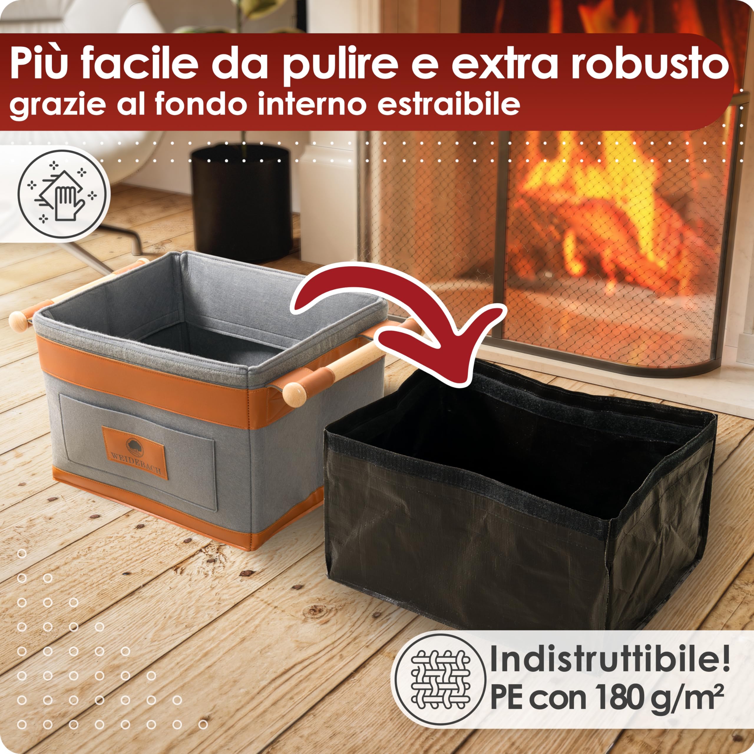 WEIDEBACH® Cesto in Legno per Legna da Ardere 35L (Espandibile a 50L) | Grigio Resistente, 40x30x30cm, Con Manico Antiscivolo, per Conservazione da Camino