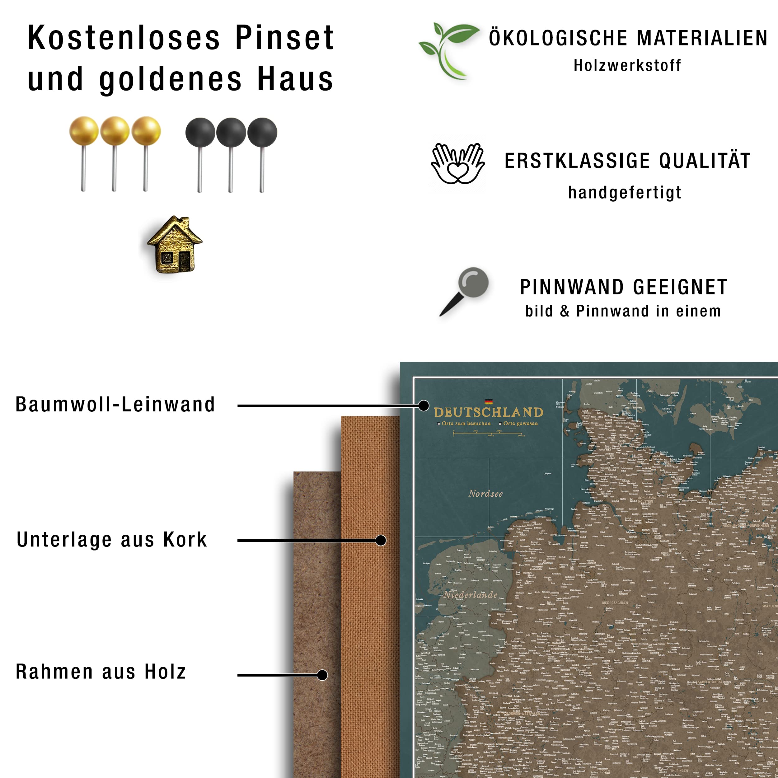 Canvas mapa Niemiec z korkową tablicą do przypinania celów podróży - dekoracja ścienna do każdego pomieszczenia - wysokiej jakości obrazy na płótnie z mapą Niemiec w różnych rozmiarach (70x50 cm, wzór 7)