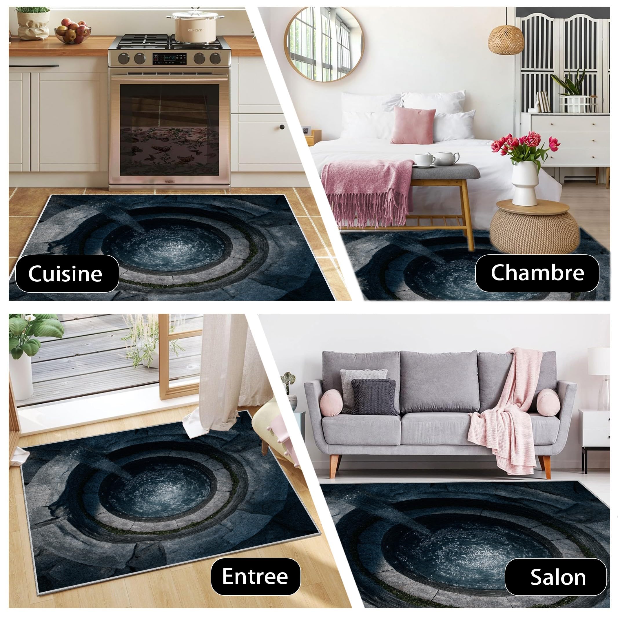 Tapis Trompe l'oeil 3D - Tapis De Sol Pierre Eau Antidérapant 120x170 cm, Tapis Illusion D'optique 3D Vortex Trou Lavable Moelleux Poils Courts pour Salon Interieur Chambre