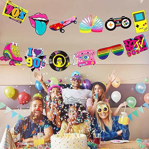 Miniatura 8 de Banners de fiesta temática de los años 90, decoraciones de fiesta de cumpleaños de los 90, 2 pancartas de fiesta de regreso a los 90 para fiesta de