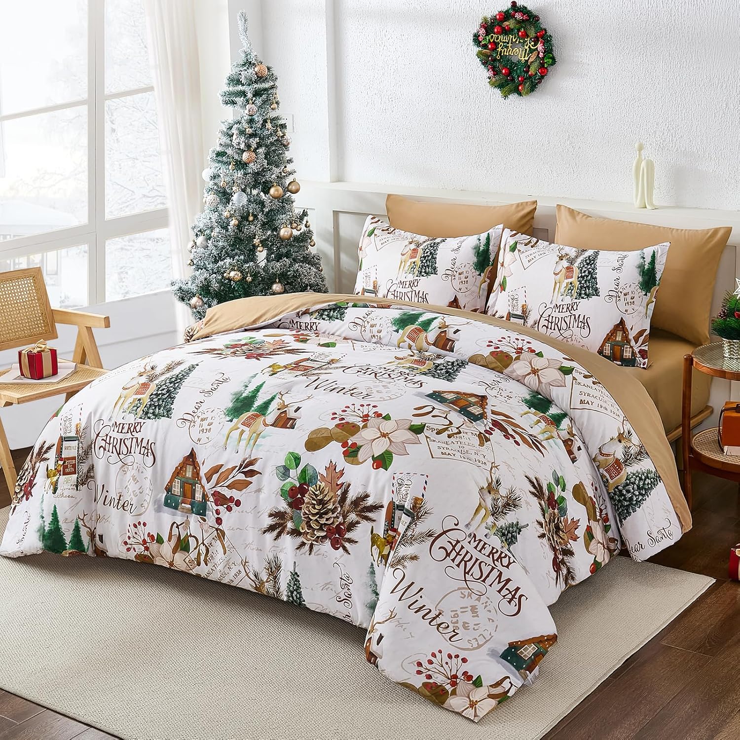 Dobuyly Christmas Comforter Set Queen Size, Brown Christmas Bedding Queen, Igloo Reindeer Pine Cones Pattern 7 Pieces Bed in a Bag, Winter Holiday Bed Set with Sheets, Pillowcases & Shams