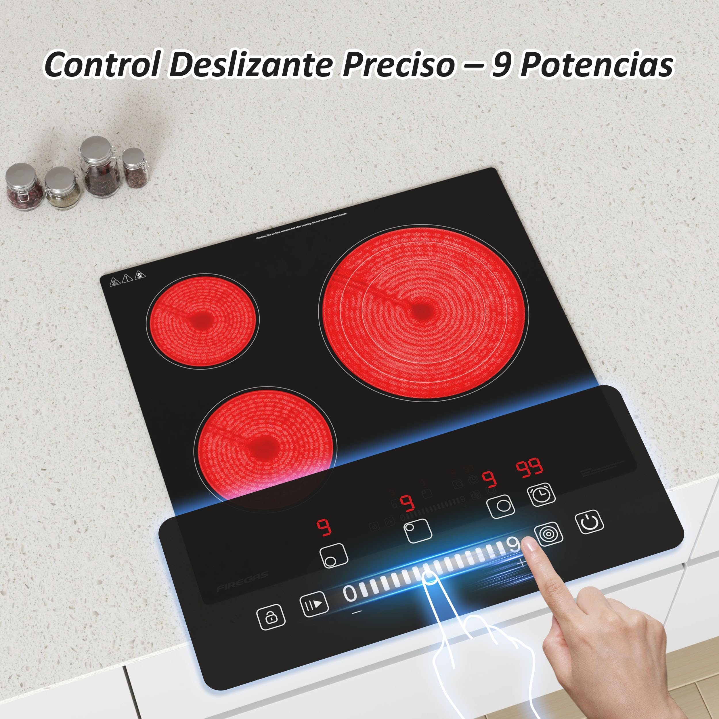 FIREGAS Placa Vitrocerámica Encastrable de 60 cm, 3 Fuegos, 5900 W, Control Táctil, 9 Niveles de Potencia, Temporizador y Bloqueo Infantil