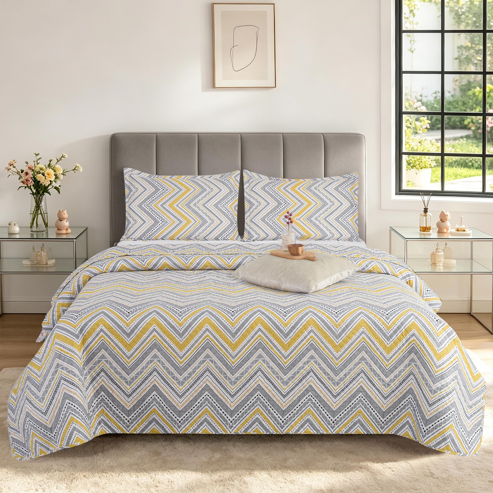 BOSKI LONDON 3 Piece Quilted Patchwork Bedspread with 2 Shams | Reversible Floral King Size & Double | Lightweight Microfiber Quilt | 220x240cm