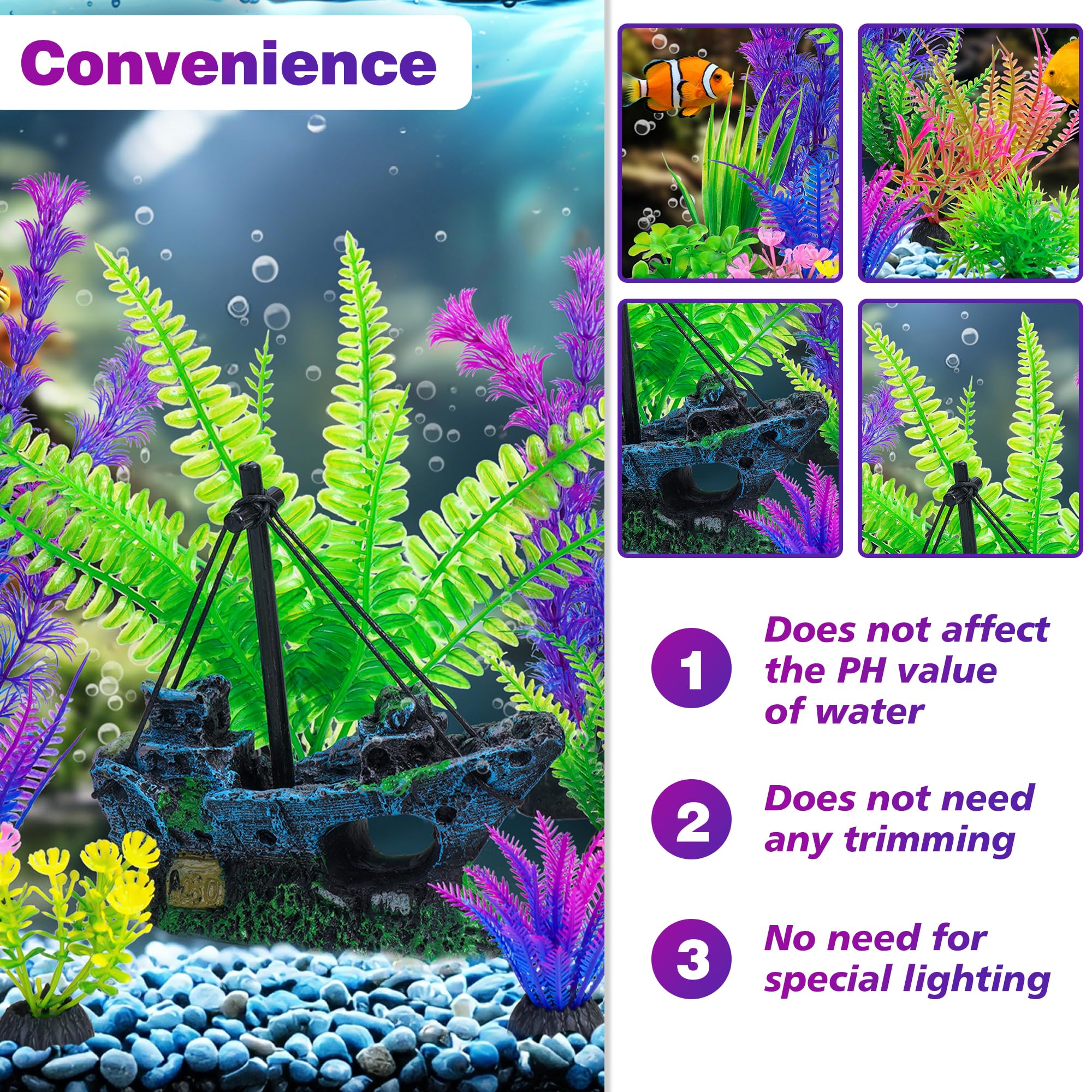 Ameliade Aquarium-Deko-Set mit Schiffswrack-Dekoration, kleiner Taucher schwimmend & 13 Wasser-Kunstpflanzen – Betta-Pflanzen & Verstecke für Aquarien und kleines Aquarium-Zubehör