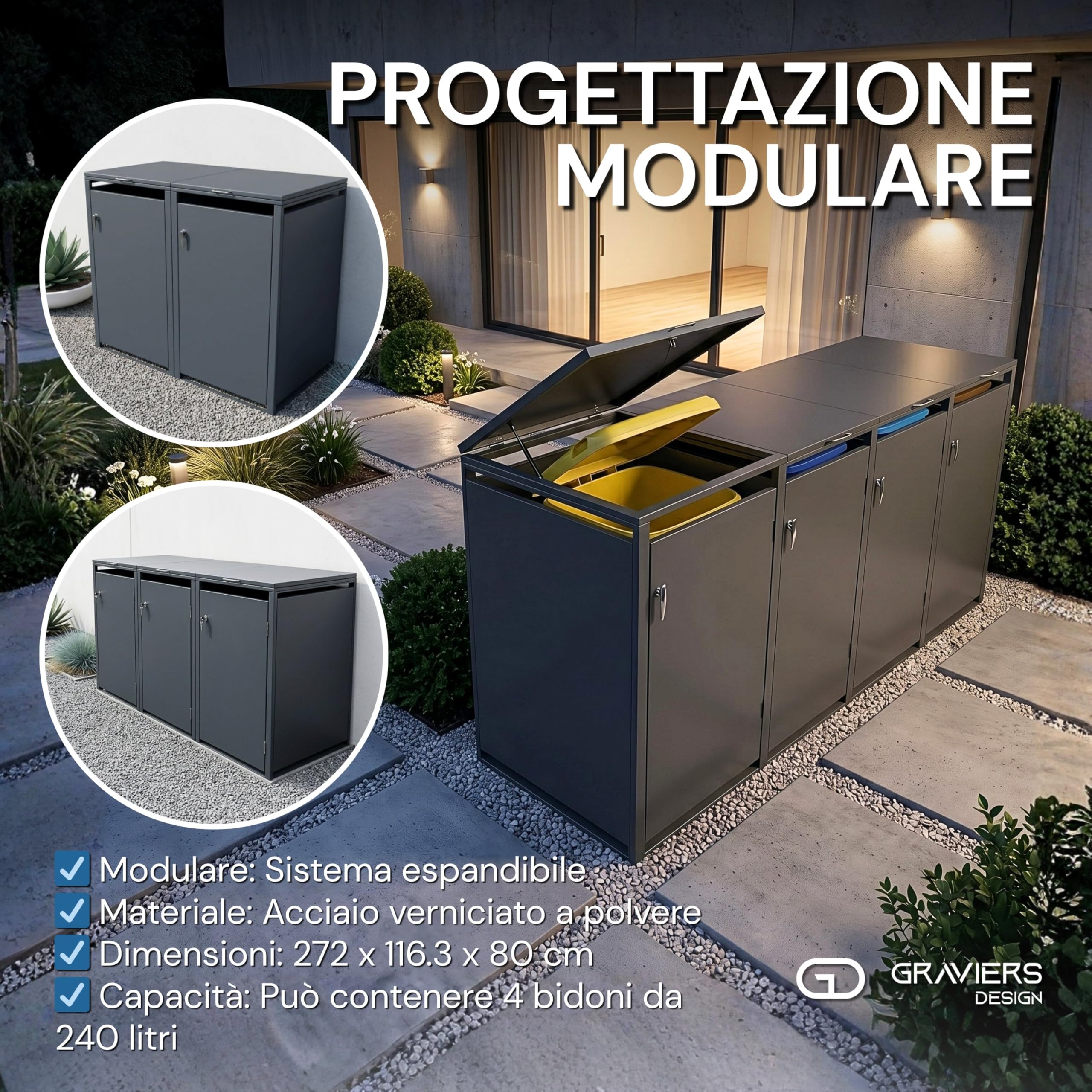 Ghiaiers - Set di 4 copribidoni fino a 240 litri, struttura in acciaio di alta qualità, bloccabile, resistente alle intemperie ed espandibile in modo modulare