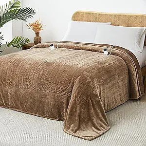 JKMAX Electric Heated Blanket - 10 Heating Levels, Auto Off, Ultra Soft Overheat Protection, Queen Size 84" x 90", Beige
