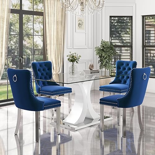Miniatura 34 de Juego de mesa de comedor moderno de vidrio para 4, mesa de 160 cm de vidrio templado con base dorada estética y 4 sillas de comedor lujosas azules y
