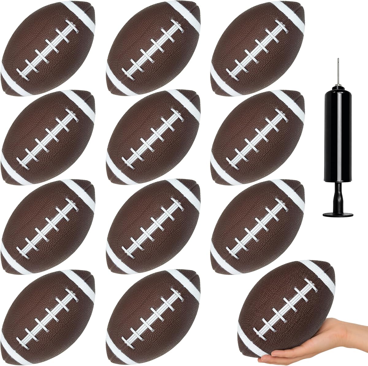 GiftExpress 12pc Rubber Inflatable Classic Football 6.3 Inch with Pump | Brown-and-white game-day look, pebbled grip, sports party favors, classroom prizes, camps, recess, group games, easy storage