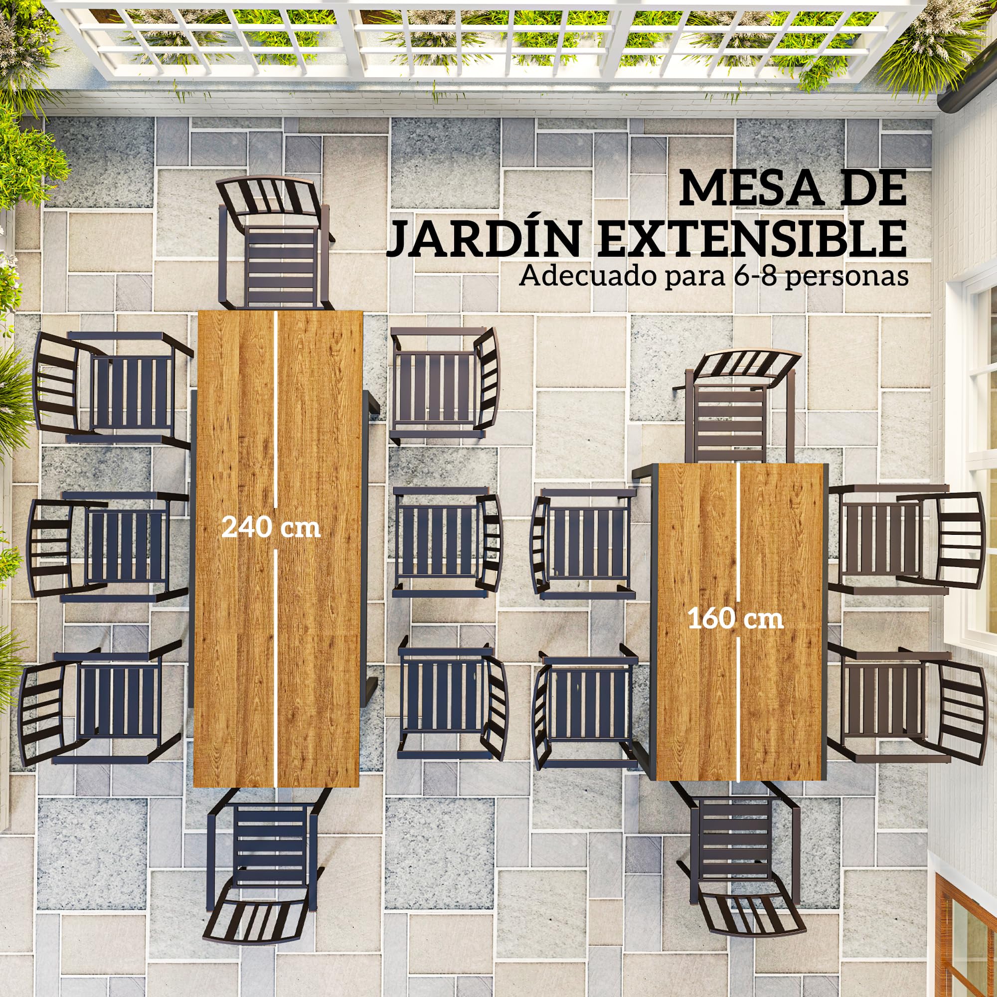 Outsunny Mesa de Jardín Extensible para 6-8 Personas 160/240x90 cm Marrón | Mesa de Comedor Exterior Extensible, con Borde de Aluminio, Carga 70 kg, Mesita Rectangular, para Patio, Terraza