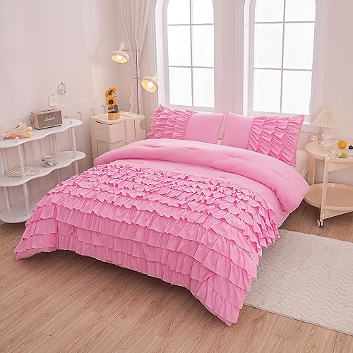 Miniatura 2 de MWMWMW Juego de edredón de tamaño matrimonial para niñas y niños, juego de edredón rosa de 3 piezas, ropa de cama de princesa rosa rubor, ropa de