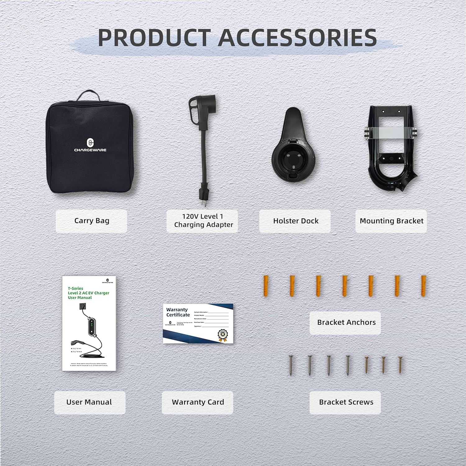 All components of the CHARGEWARE EV Charger package laid out, including the charger unit, carry bag, adapters, mounting hardware, and documentation.