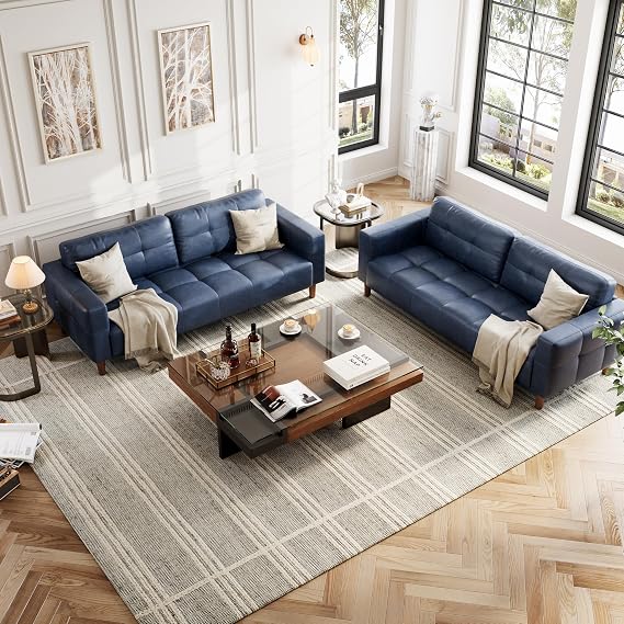 coucheta 3-Seater Sofa Couch, 83 Wide Faux Leather Sofa Couch with Spring Cushion, Modern Sofa with Deep Seats and 2 Removable Back Cushions, Blue