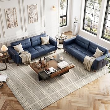 coucheta 3-Seater Sofa Couch, 83 Wide Faux Leather Sofa Couch with Spring Cushion, Modern Sofa with Deep Seats and 2 Removable Back Cushions, Blue