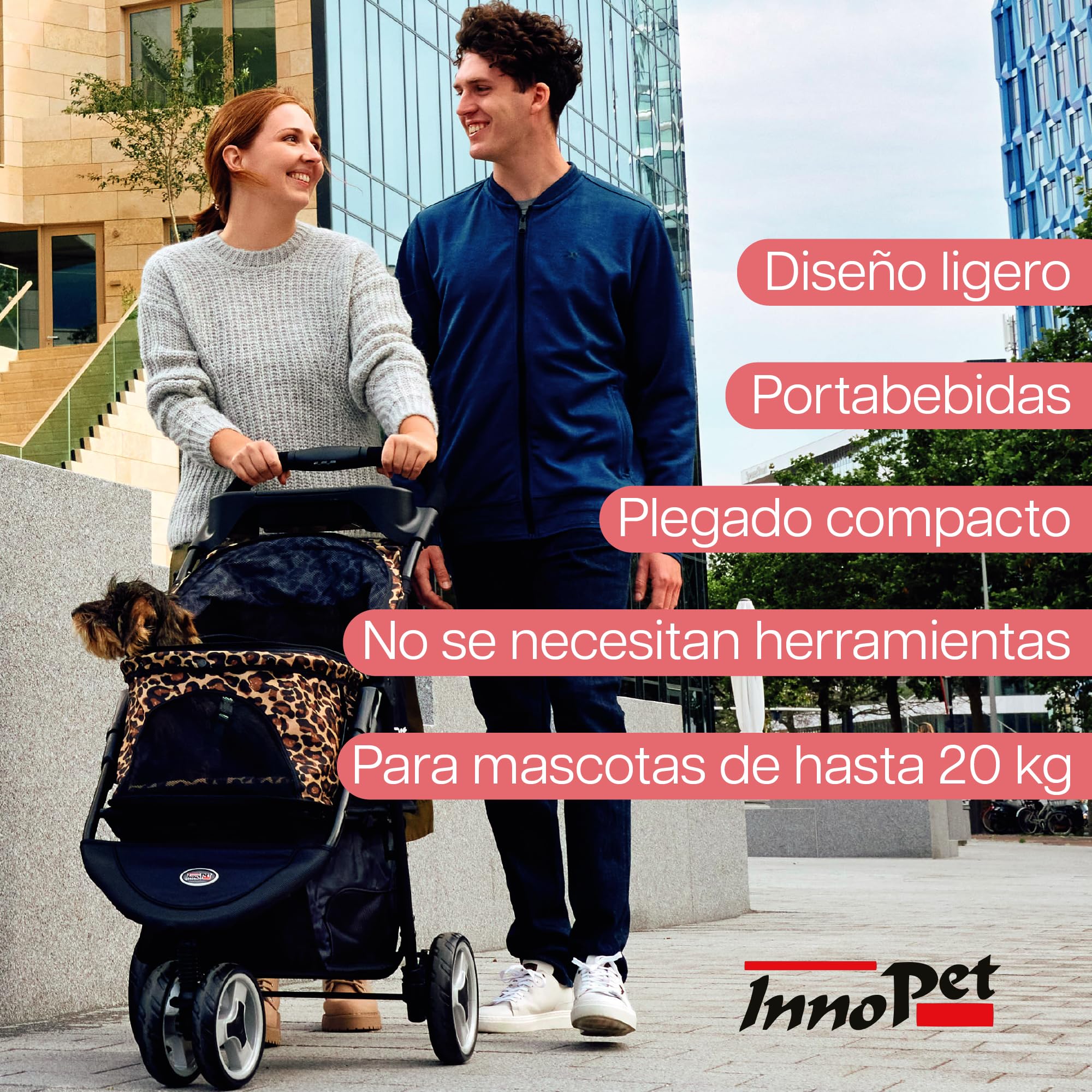 Innopet Carrito Allure Cheetah - Cochecito con estampado de leopardo, ruedas antipinchazos, plegado rápido, hasta 20kg, con cesta y 2 correas de seguridad