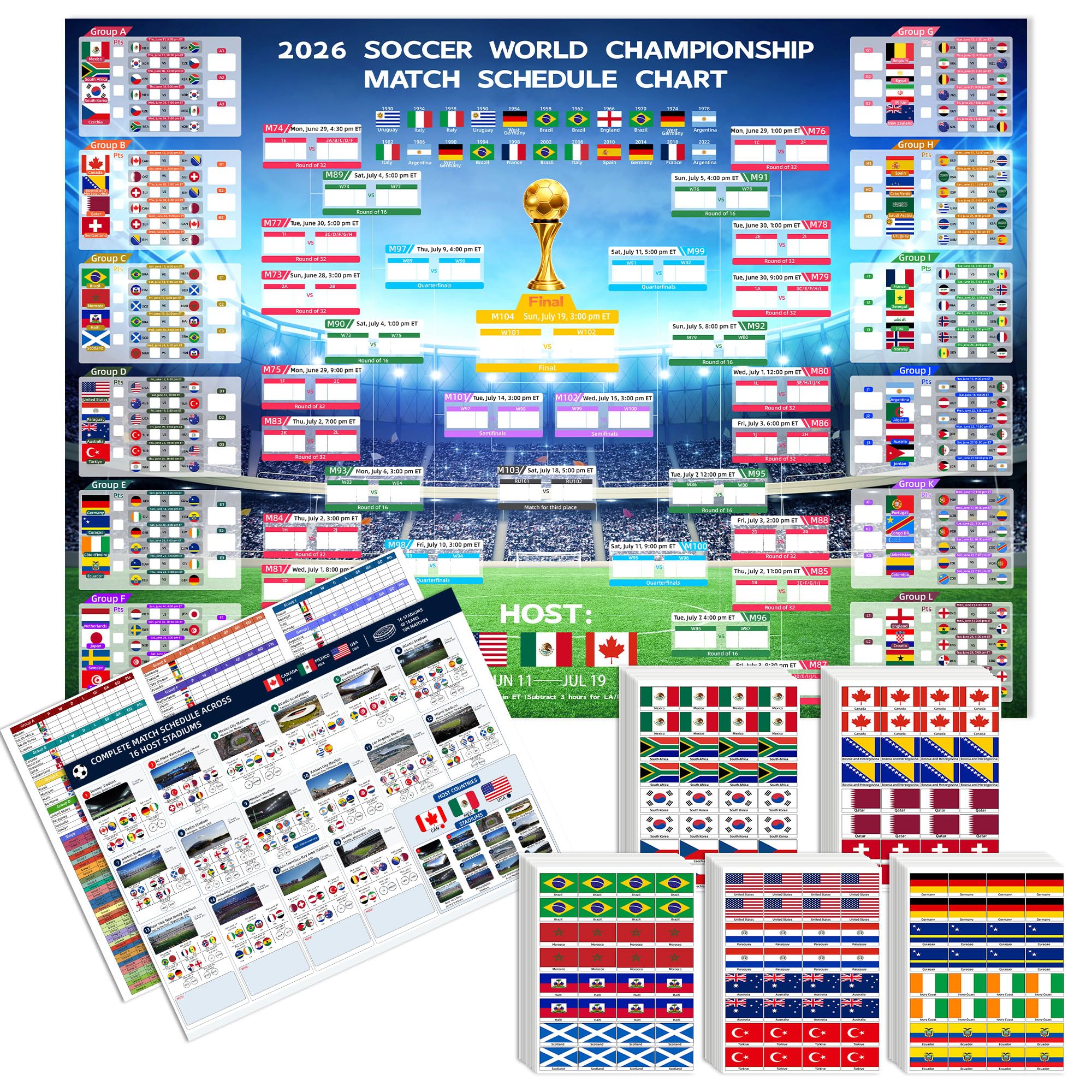 Photo 1 of Dysco 2026 World Soccer Tournament Schedule Poster Set (3-Pack) – 30"x22" Wall Chart Calendar with 48 Team Flag Stickers, Includes A3 Stadium and Match & Points Posters, Marker & Mounting Tape