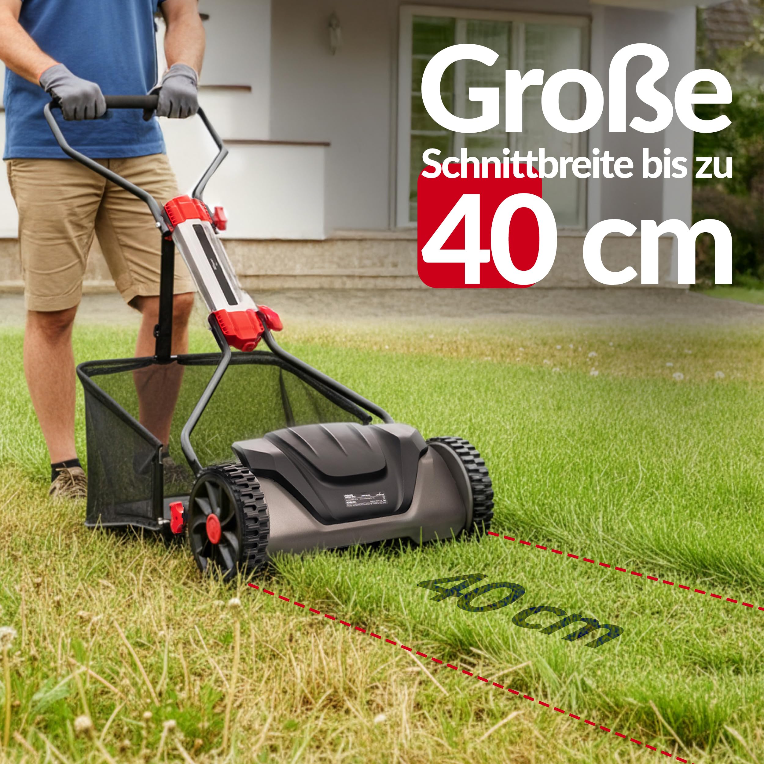 LEHMANN Spindelmäher 40 cm mit Fangkorb 30 L – Handrasenmäher ohne Strom, mechanischer Rasenmäher manuell mit 5 Messern, 6-Fach Schnitthöhenverstellung 15–42 mm, klappbarer Griff