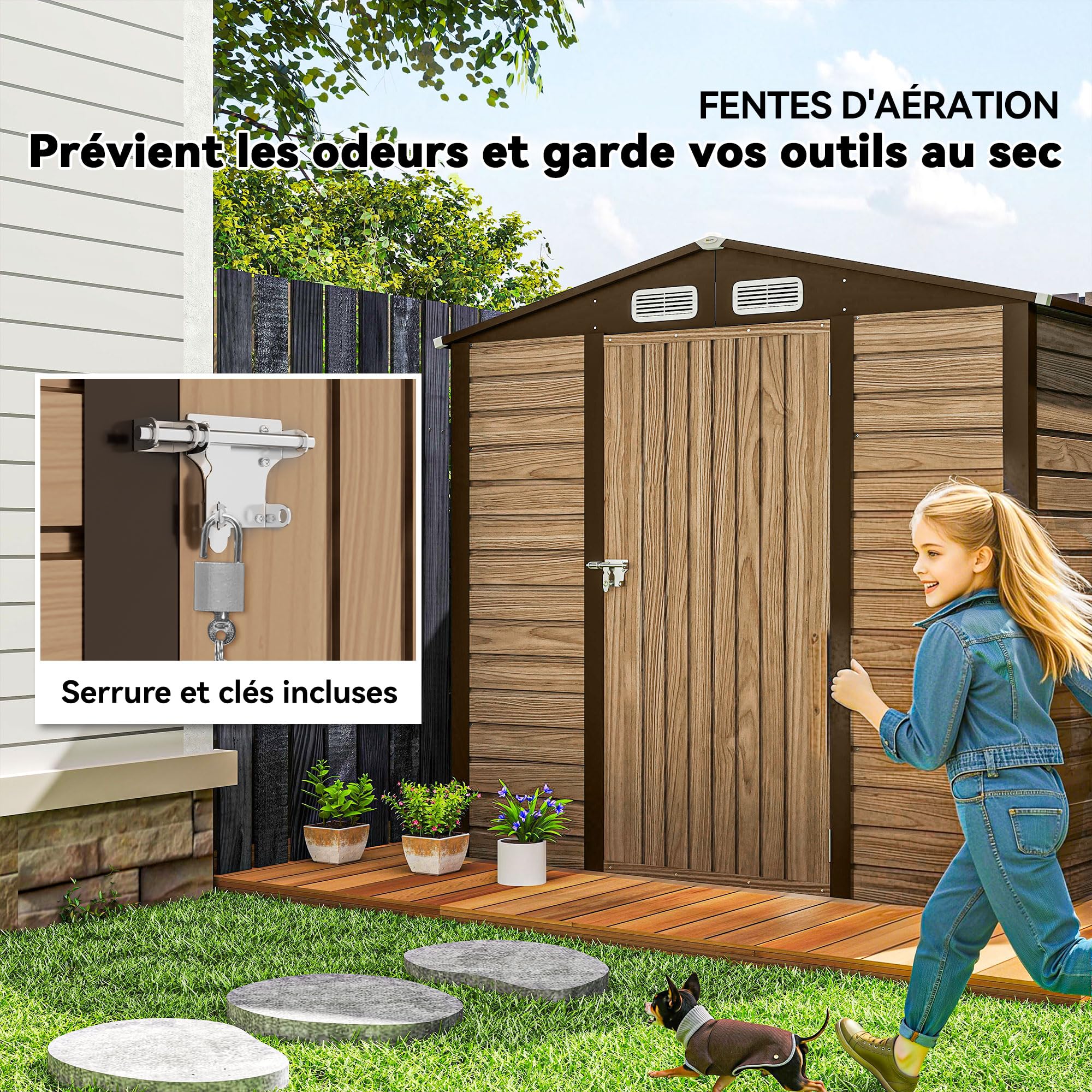 Outsunny Abri de Jardin en Métal 2,27 m² Toiture 2 Pans 190x131x188cm Chêne