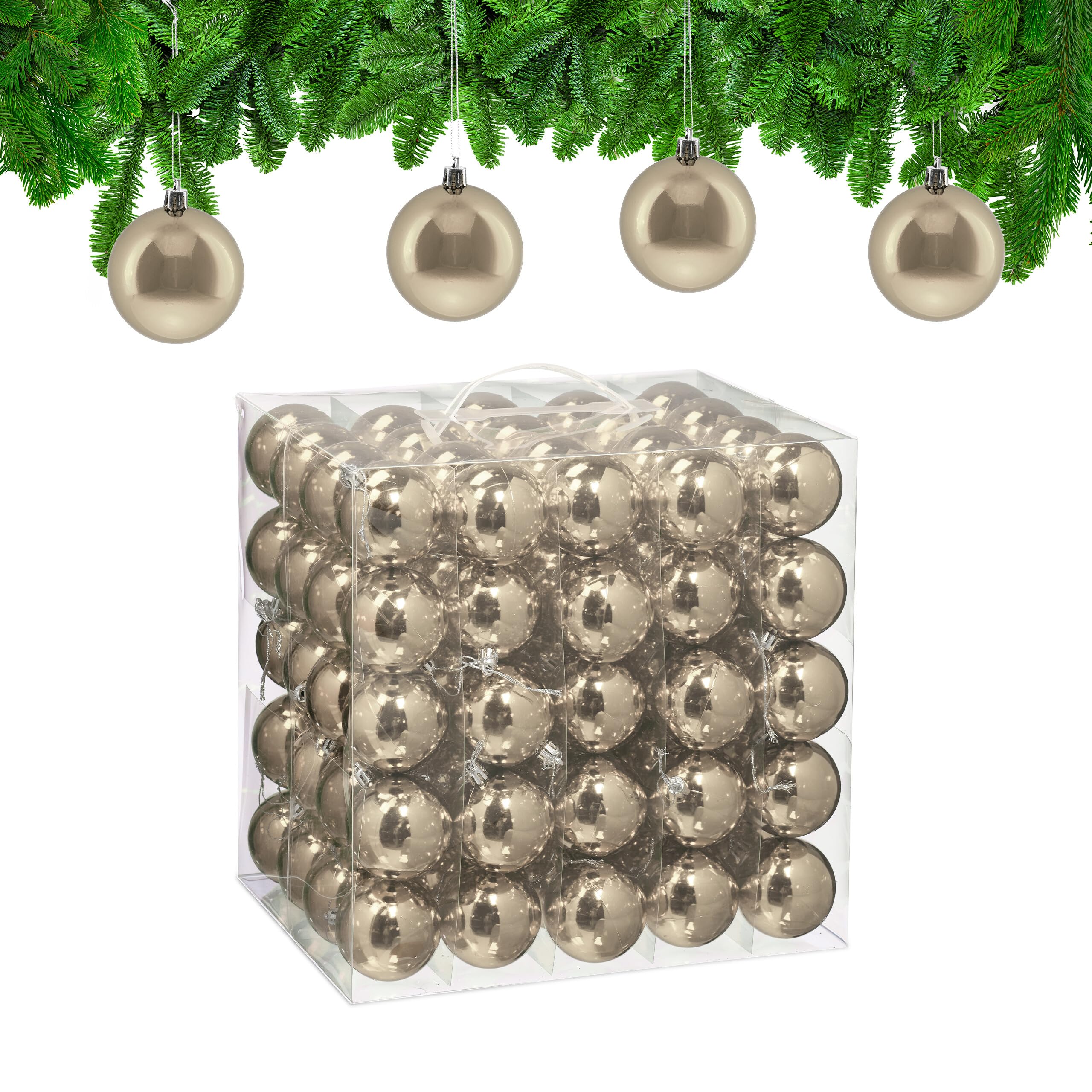 Relaxdays Palline di Natale, Set da 100 Palle Albero, Addobbi Natalizi, ∅ 6 cm, Sfere in Plastica Lucida, Champagne