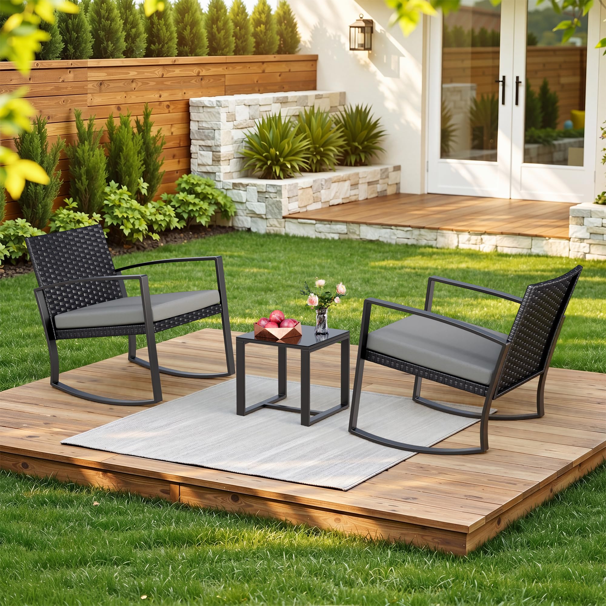 Xbro Conjunto de Bistró para Patio, 3 Piezas, Juego de 2 Sillas Mecedoras de Ratán con Mesa de Jardín, Muebles de Exterior para Terraza, Balcón y Porche